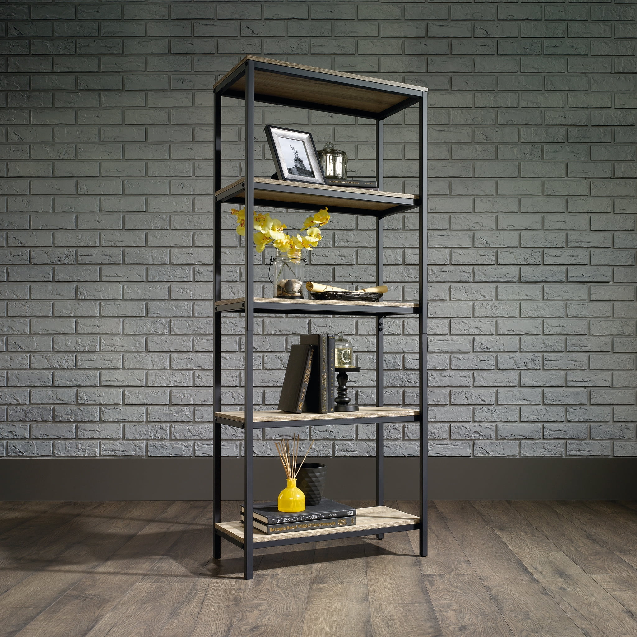 Sauder Curiod Tall Metal Frame Bookcase, Charter Oak Finish