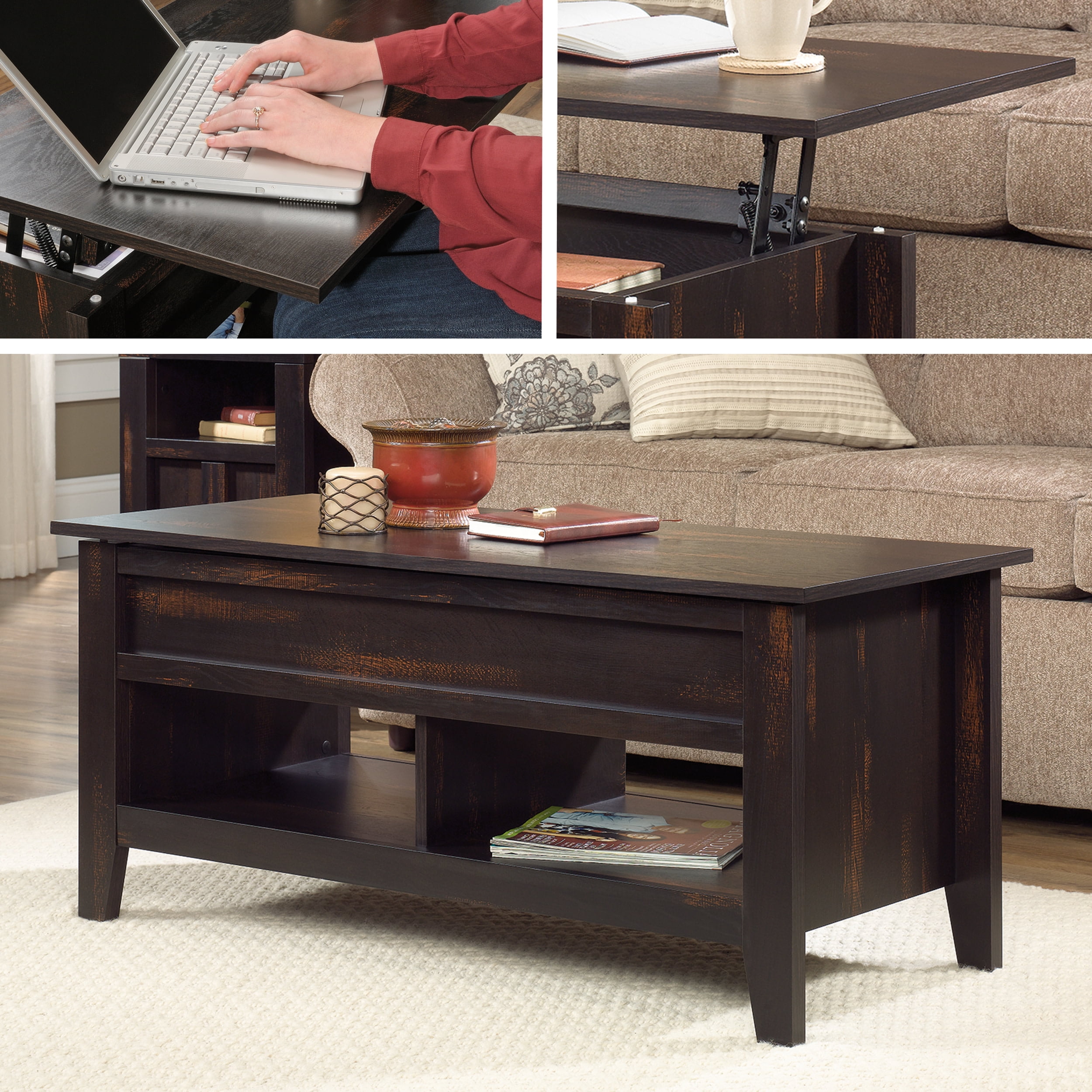 Char Pine Rectangular Lift-Top Wood Coffee Table with Storage