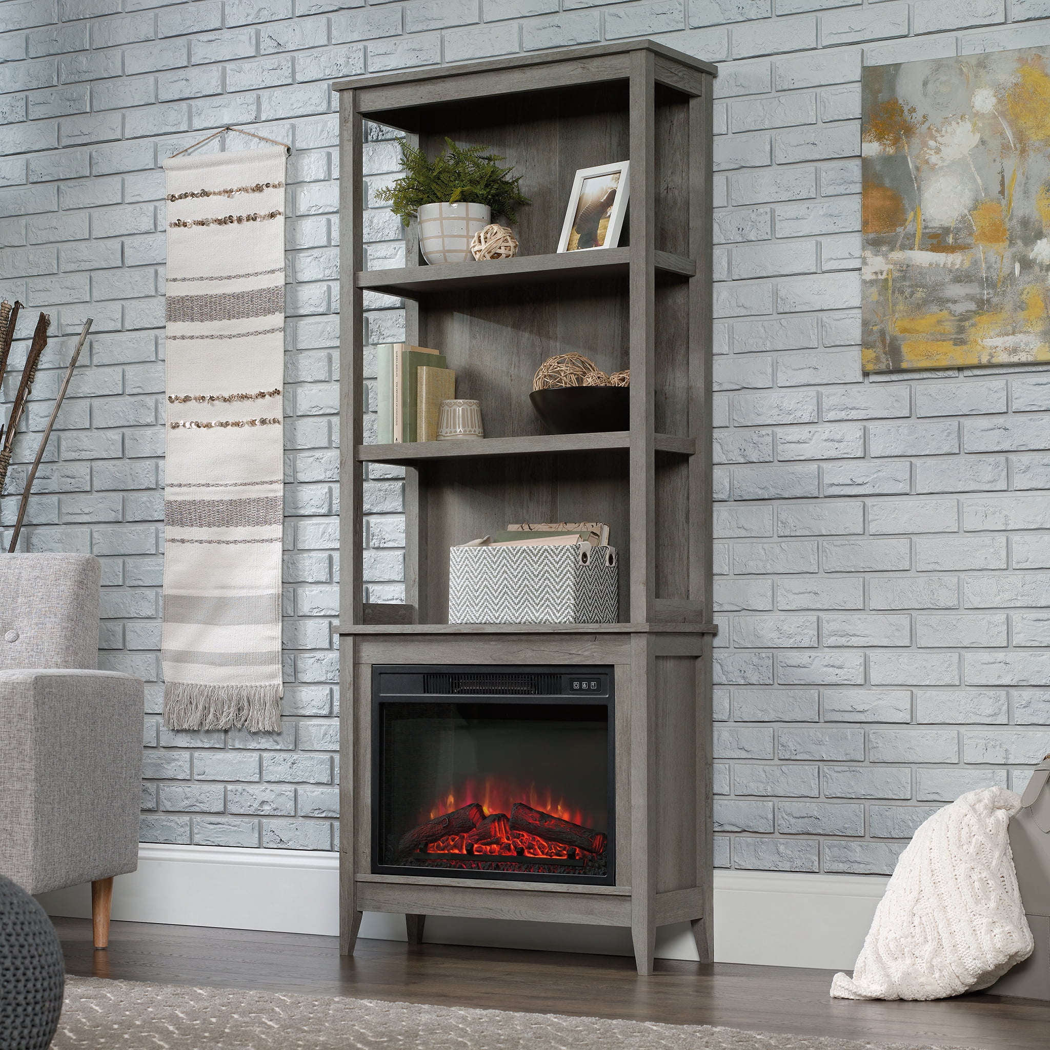 Sauder Display Bookshelf with Electric Fireplace, Mystic Oak Finish ...