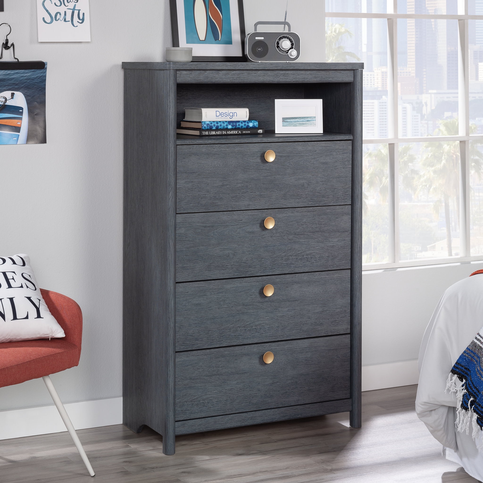 Denim Oak Vertical 4-Drawer Chest with Open Shelf