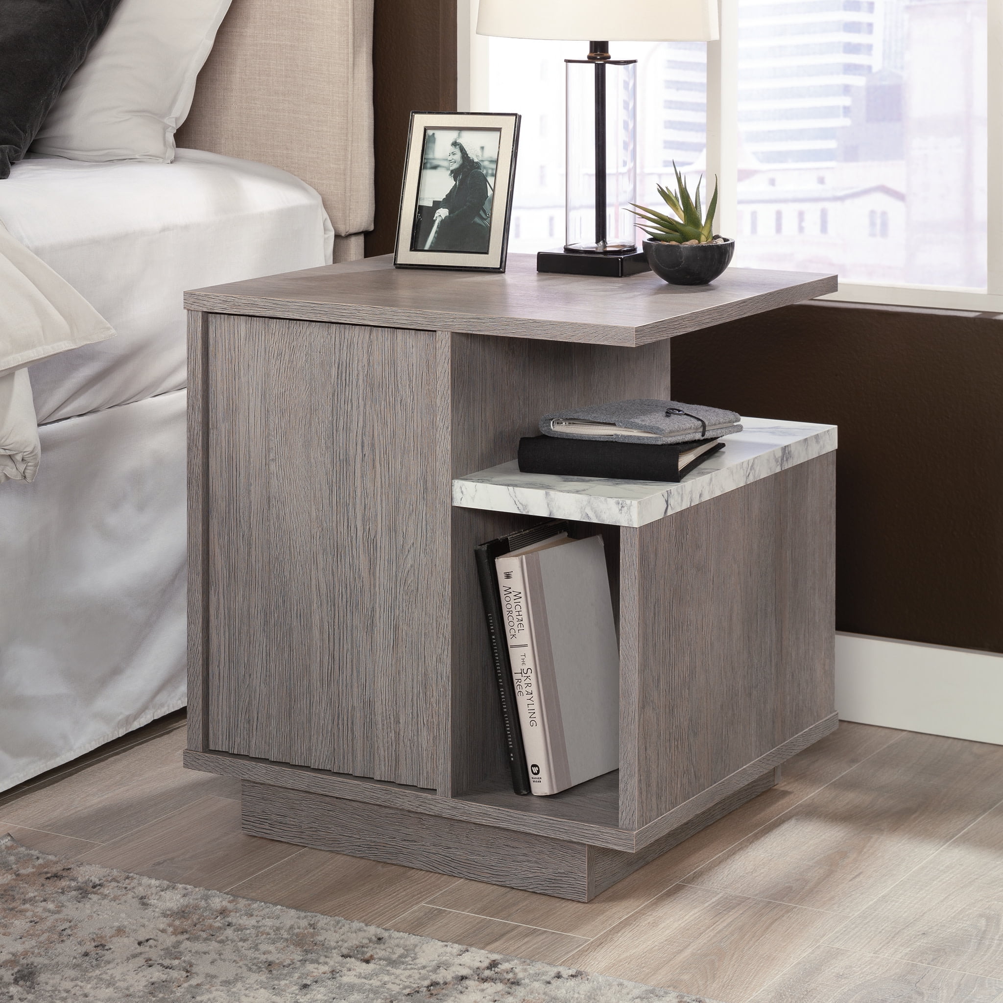 Ashen Oak Contemporary Nightstand with Faux Marble Accent