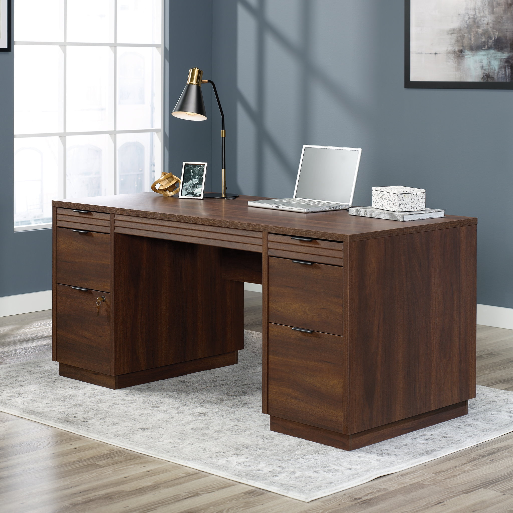 Spiced Mahogany Executive Desk with Drawers and Filing Cabinet