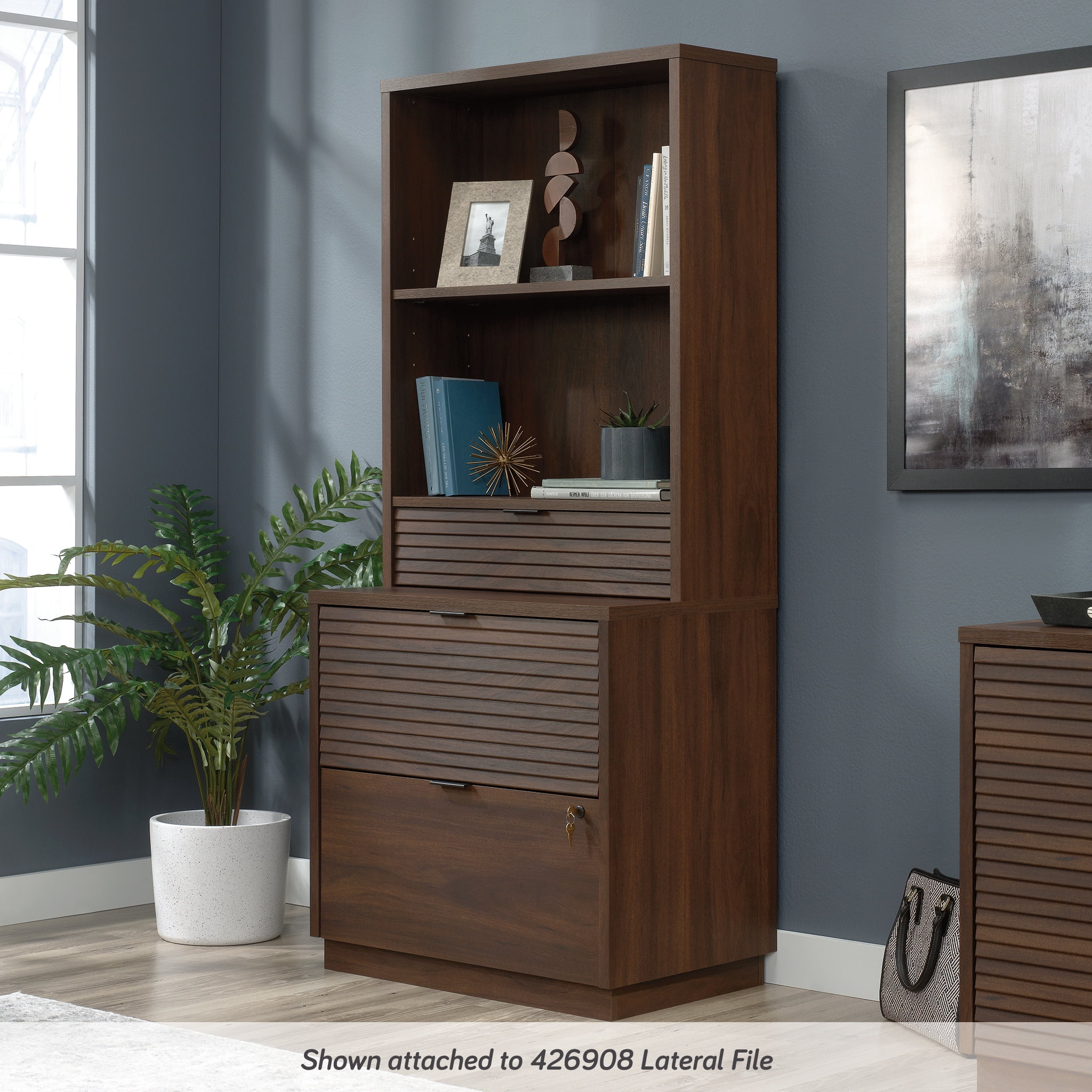 Spiced Mahogany Adjustable Wood Library Hutch with Drawer