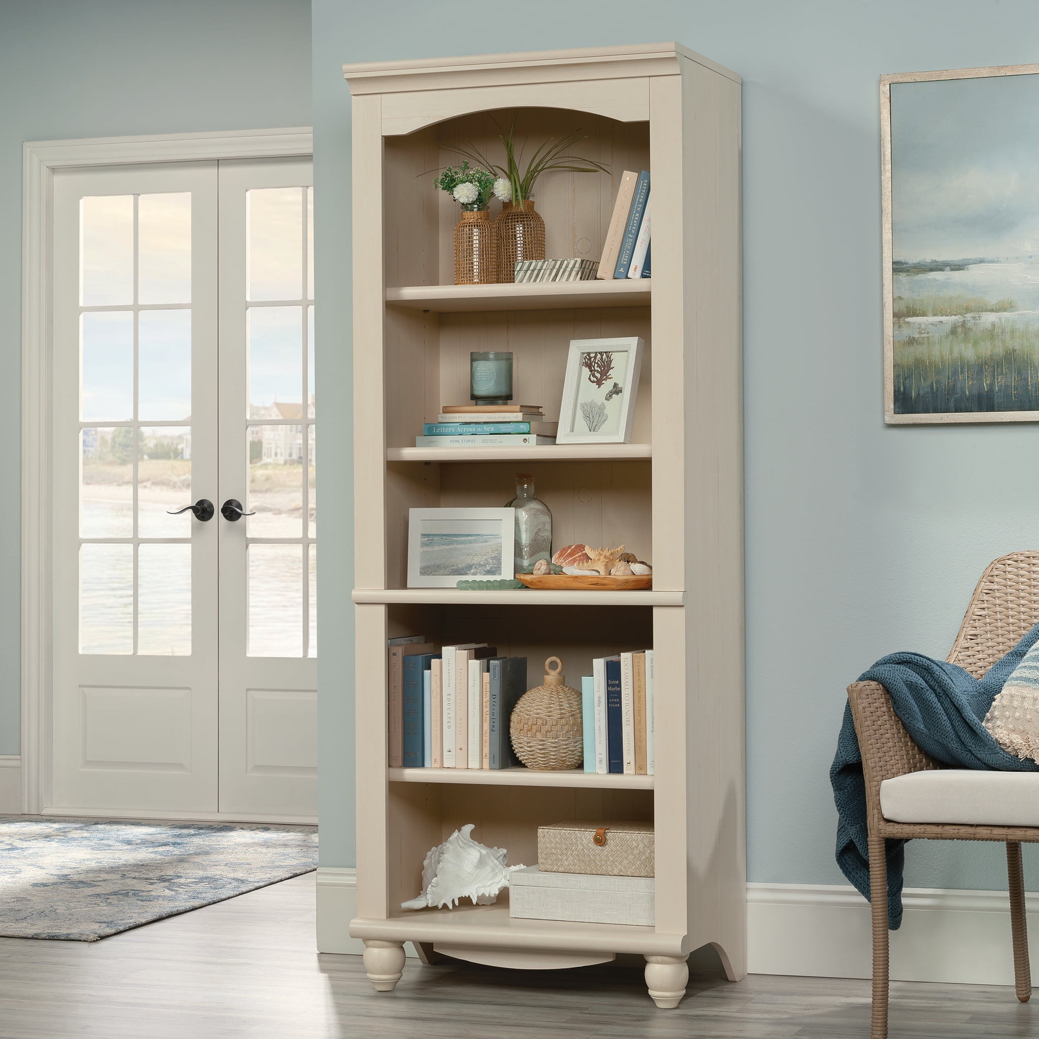Harbor View Antiqued White 72" Cottage-Style Library Bookcase with Drawers