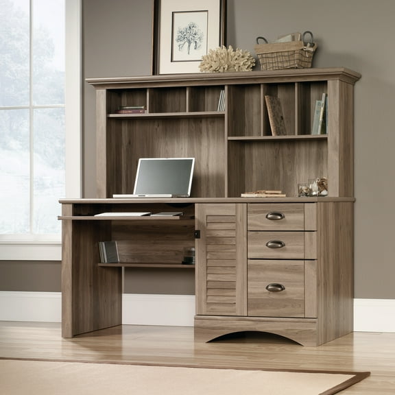 Sauder Harbor View Computer Desk With Hutch, Salt Oak Finish