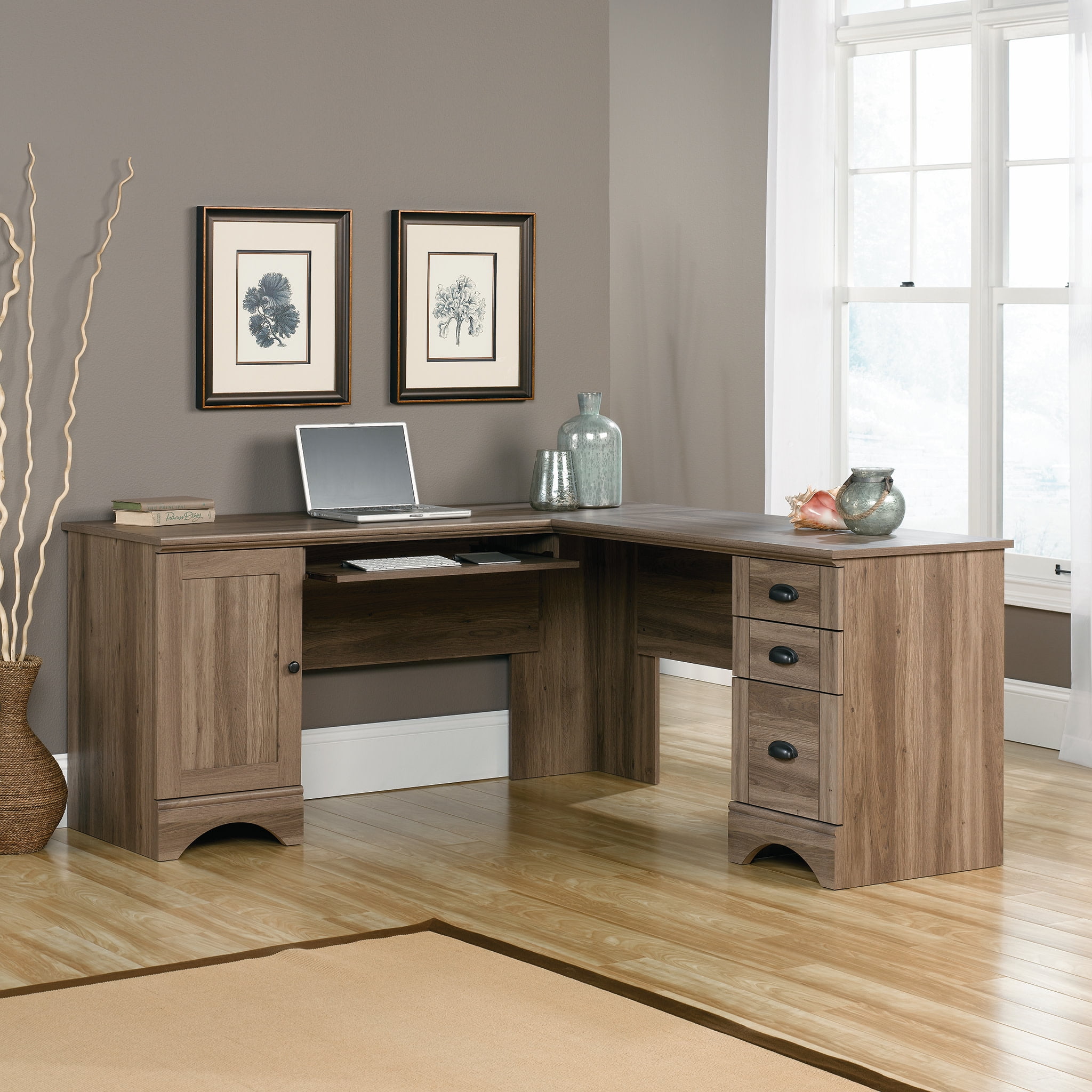 Salt Oak L-Shaped Corner Desk with Drawers and Keyboard Tray