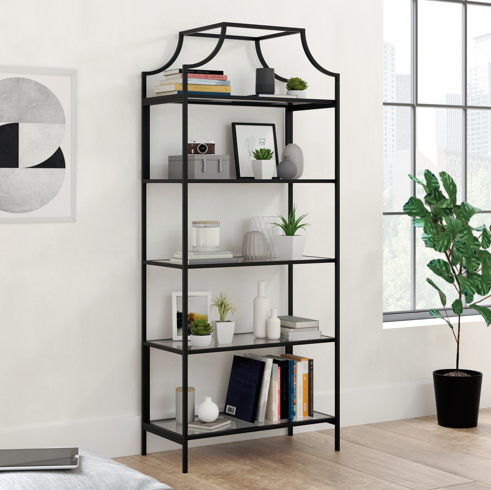Harvey Park 66'' Black Metal and Glass 5-Shelf Bookcase