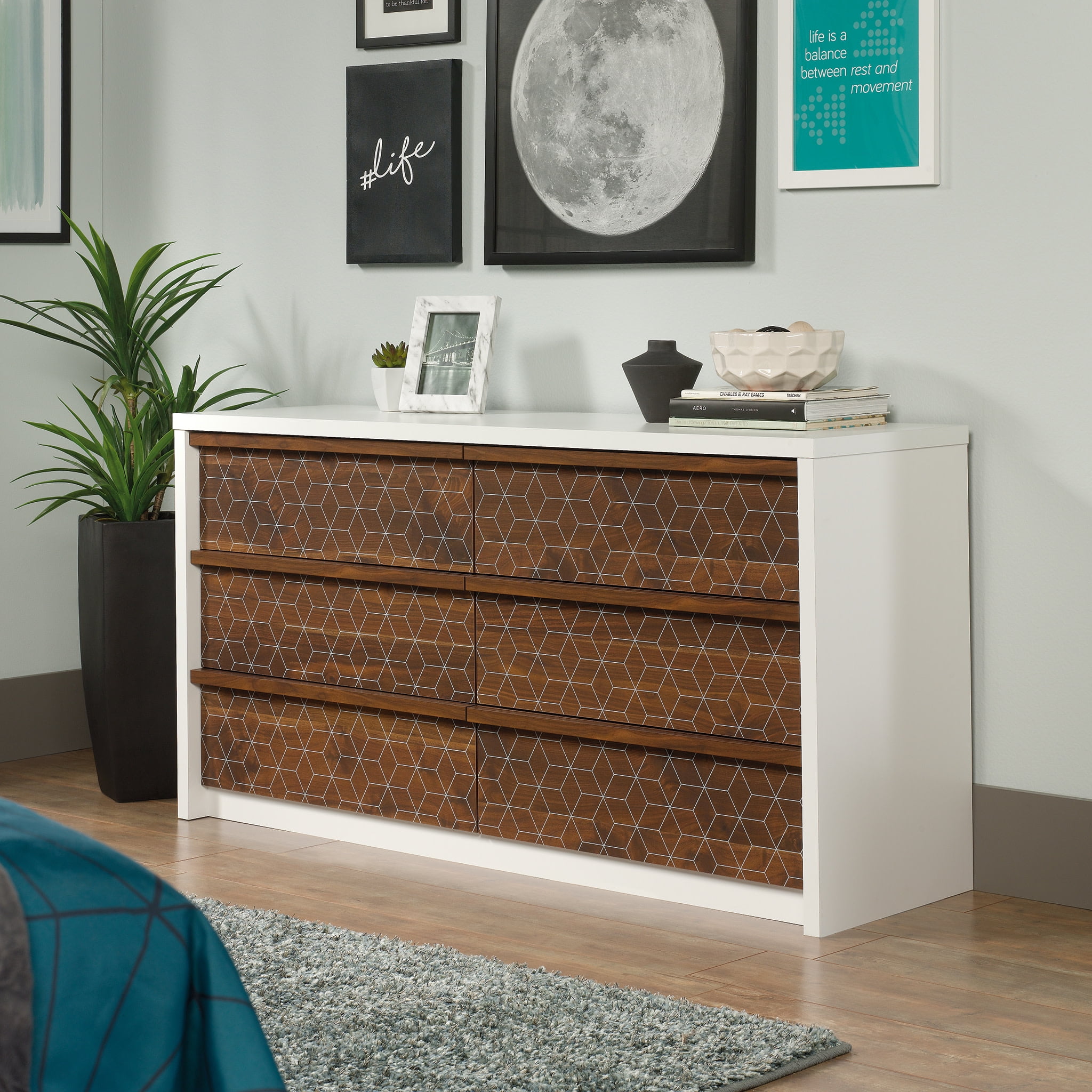 Soft White Double Dresser with Walnut Geometric Drawers