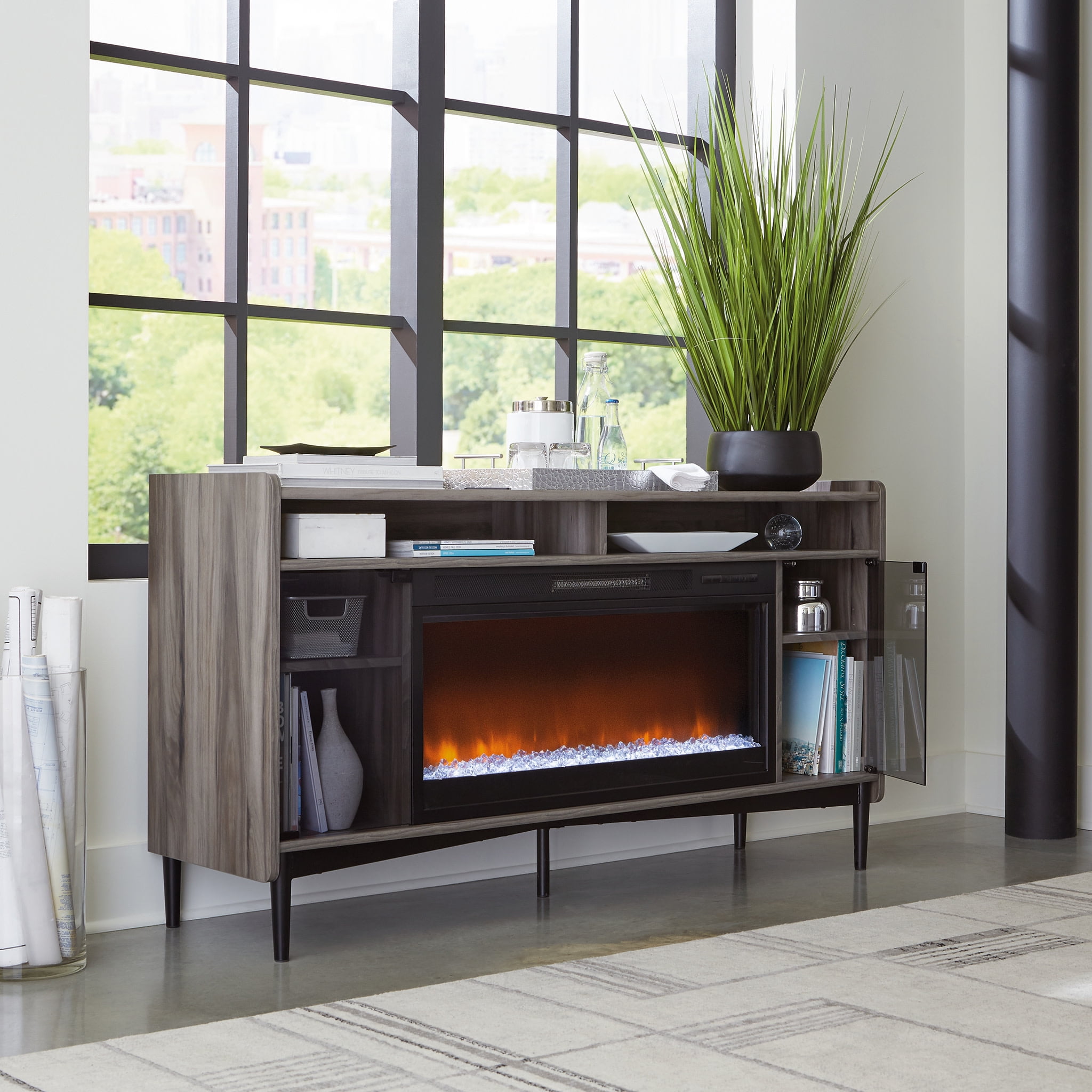 Sauder Harvey Park Fireplace TV Credenza with Glass Doors for TV's