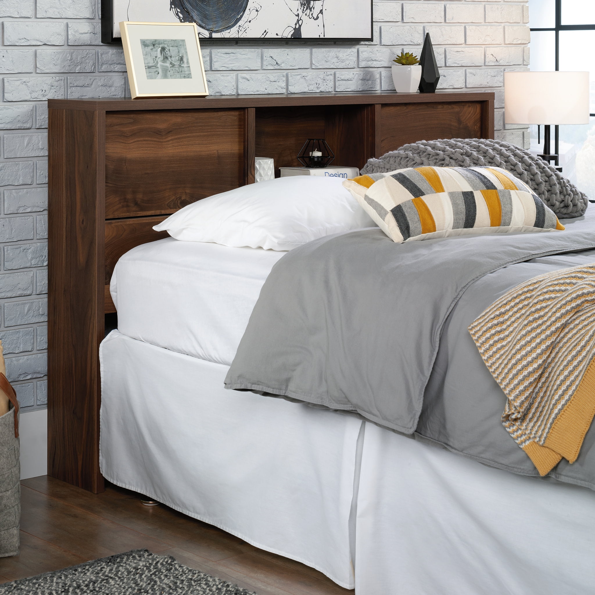 Sauder Harvey Park Full/Queen Bookcase Headboard with Doors, Grand Walnut Finish