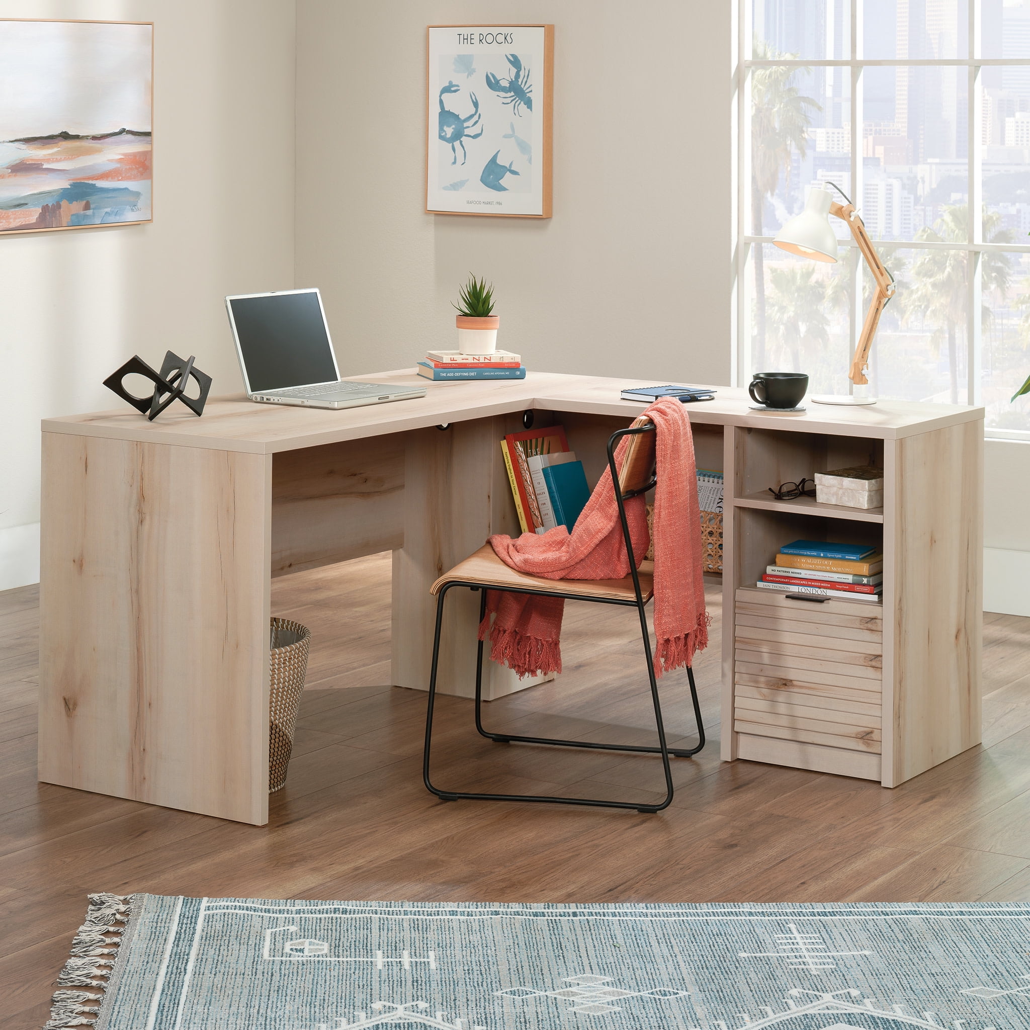 Pacific Maple L-Shaped Corner Writing Desk with Drawer and Filing Cabinet