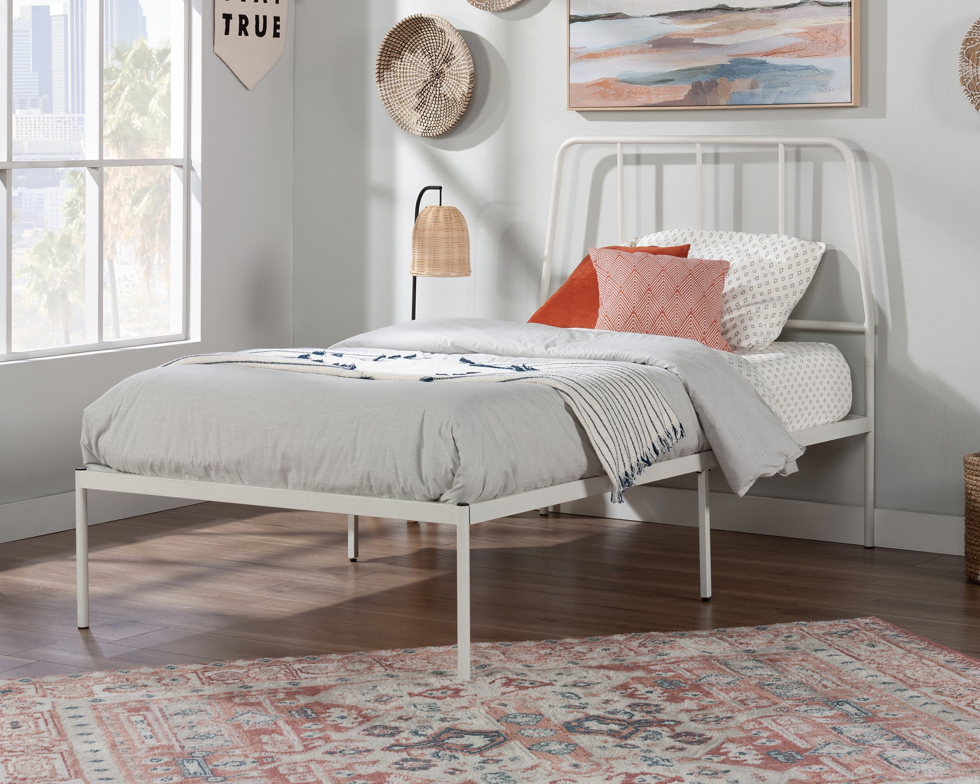 White Twin Metal Platform Bed with Headboard and Drawer
