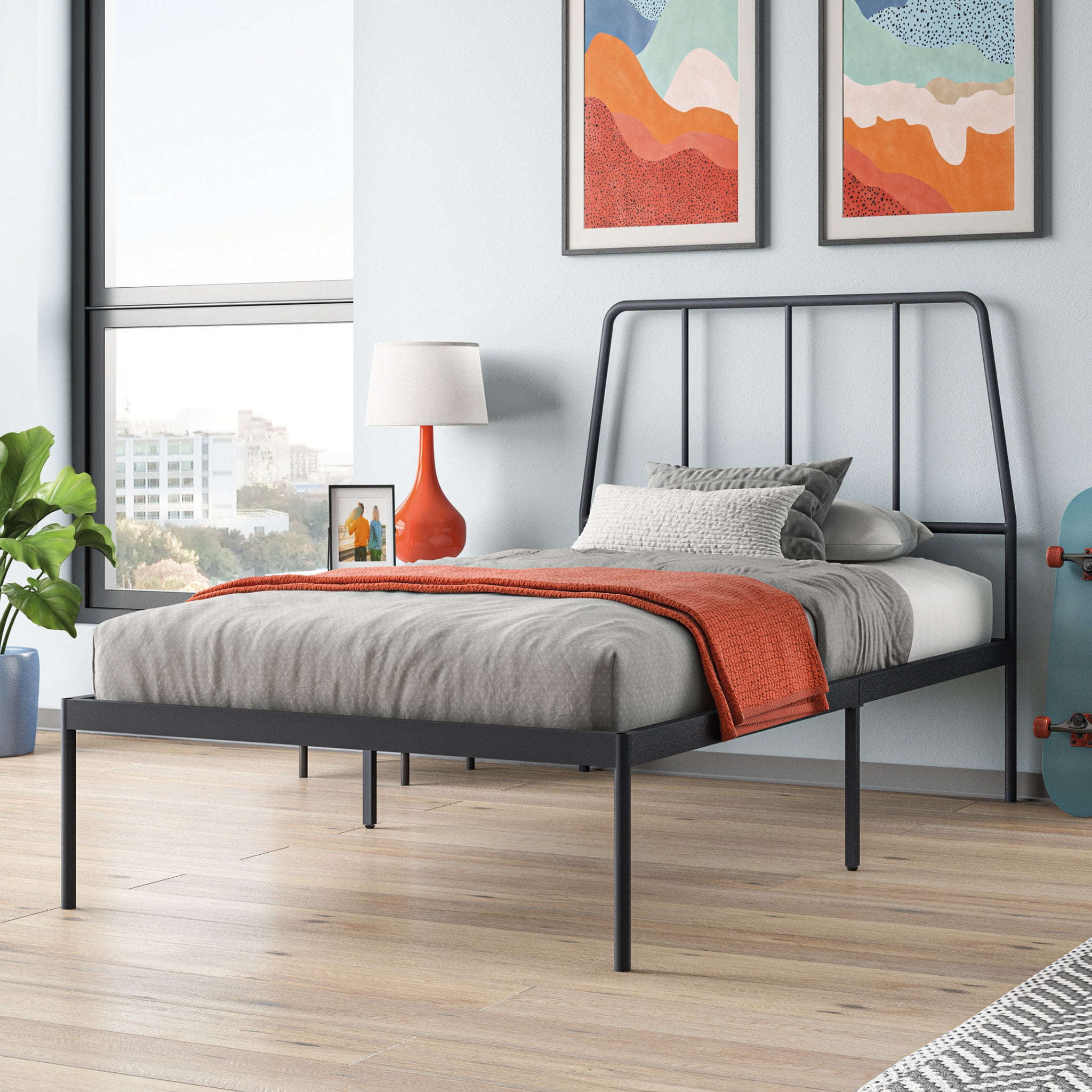 Black Metal Twin Platform Bed with Headboard and Drawer