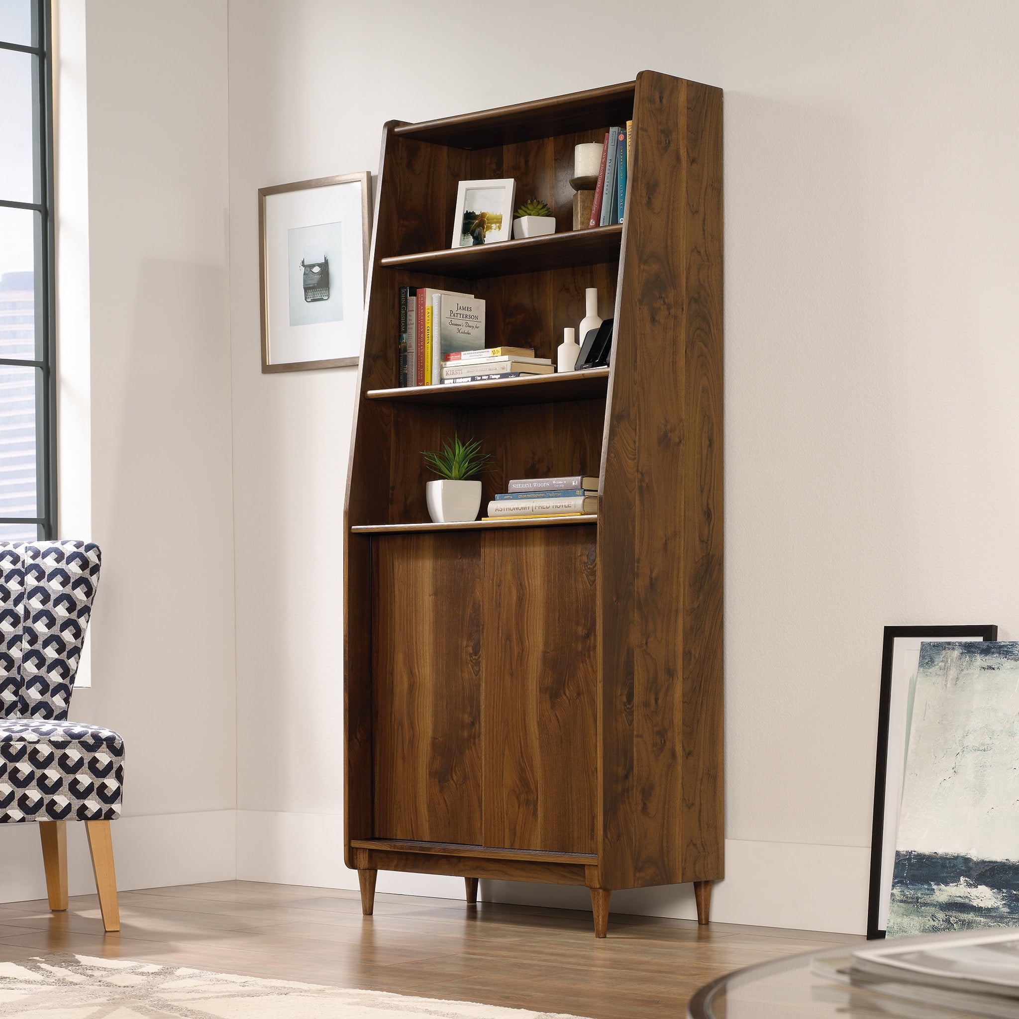 Grand Walnut Adjustable 70'' Bookcase with Sliding Doors