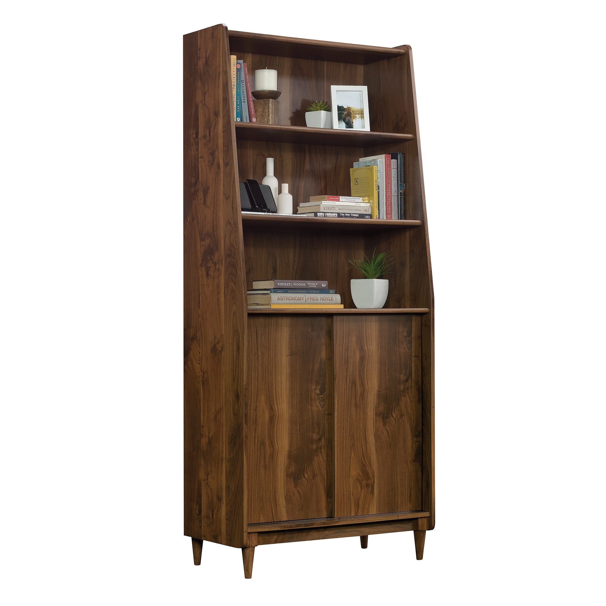 Grand Walnut Adjustable 70'' Bookcase with Sliding Doors