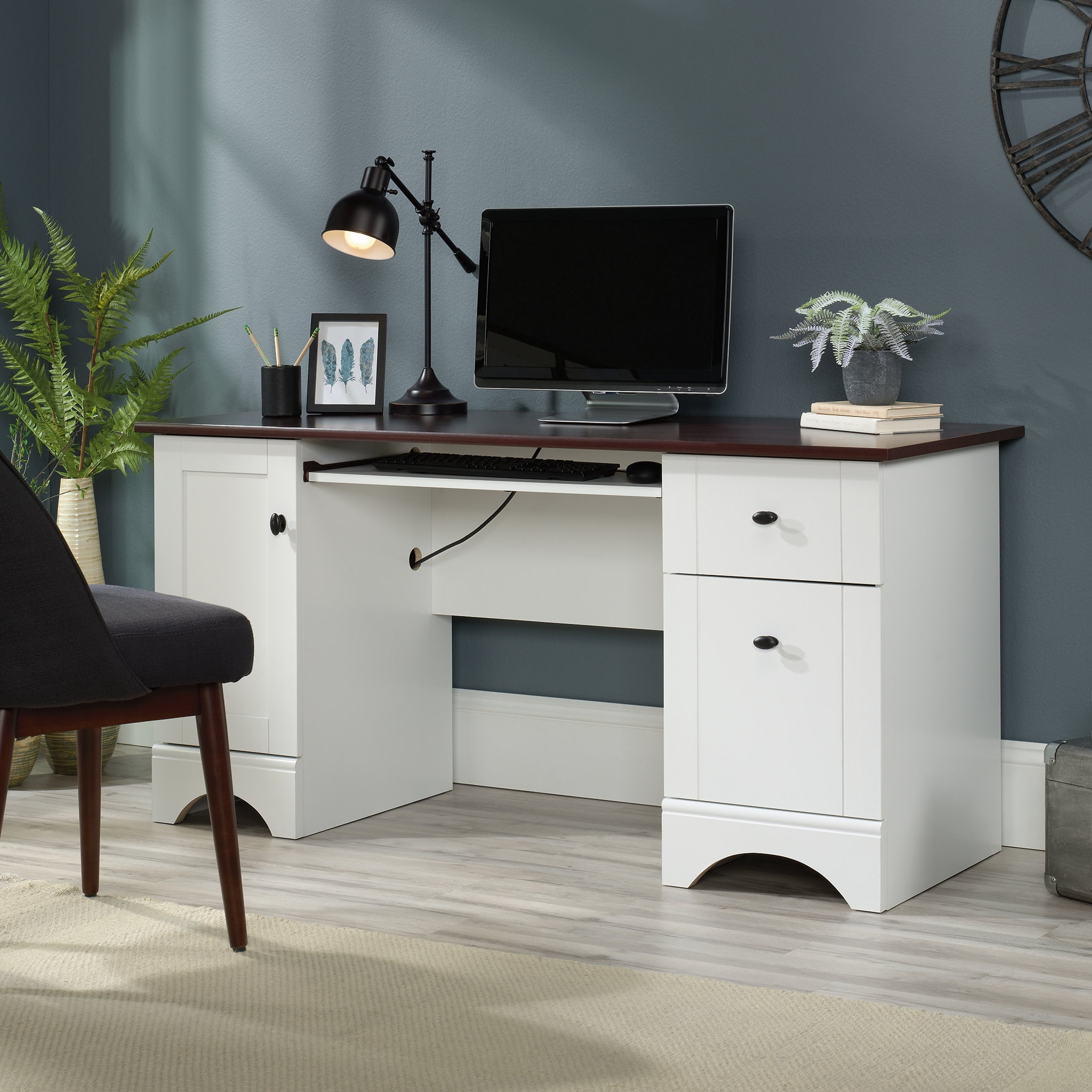 Soft White Multifunctional Computer Desk with Cherry Accent and Storage
