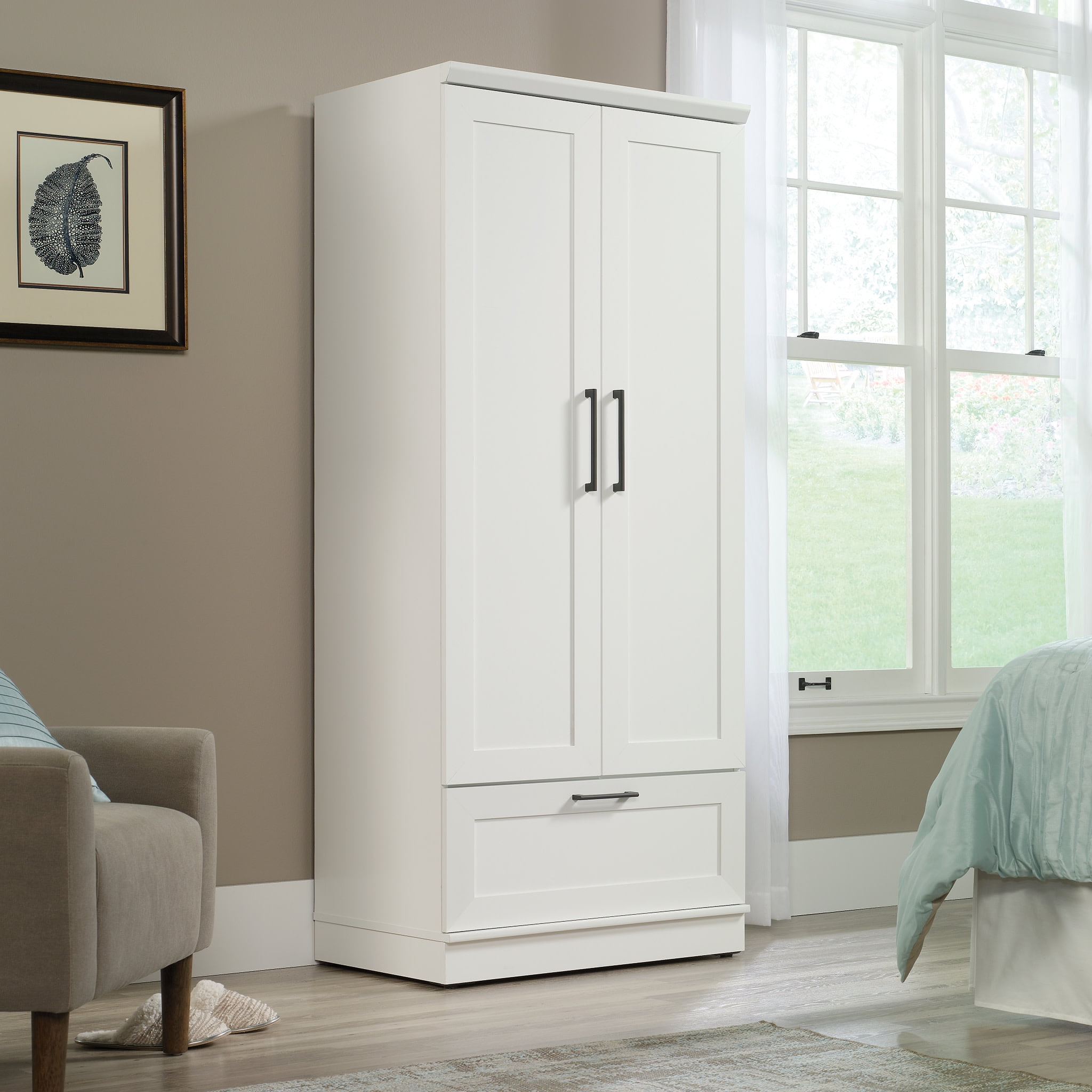 Soft White MDF 2-Door Wardrobe Armoire with Drawer