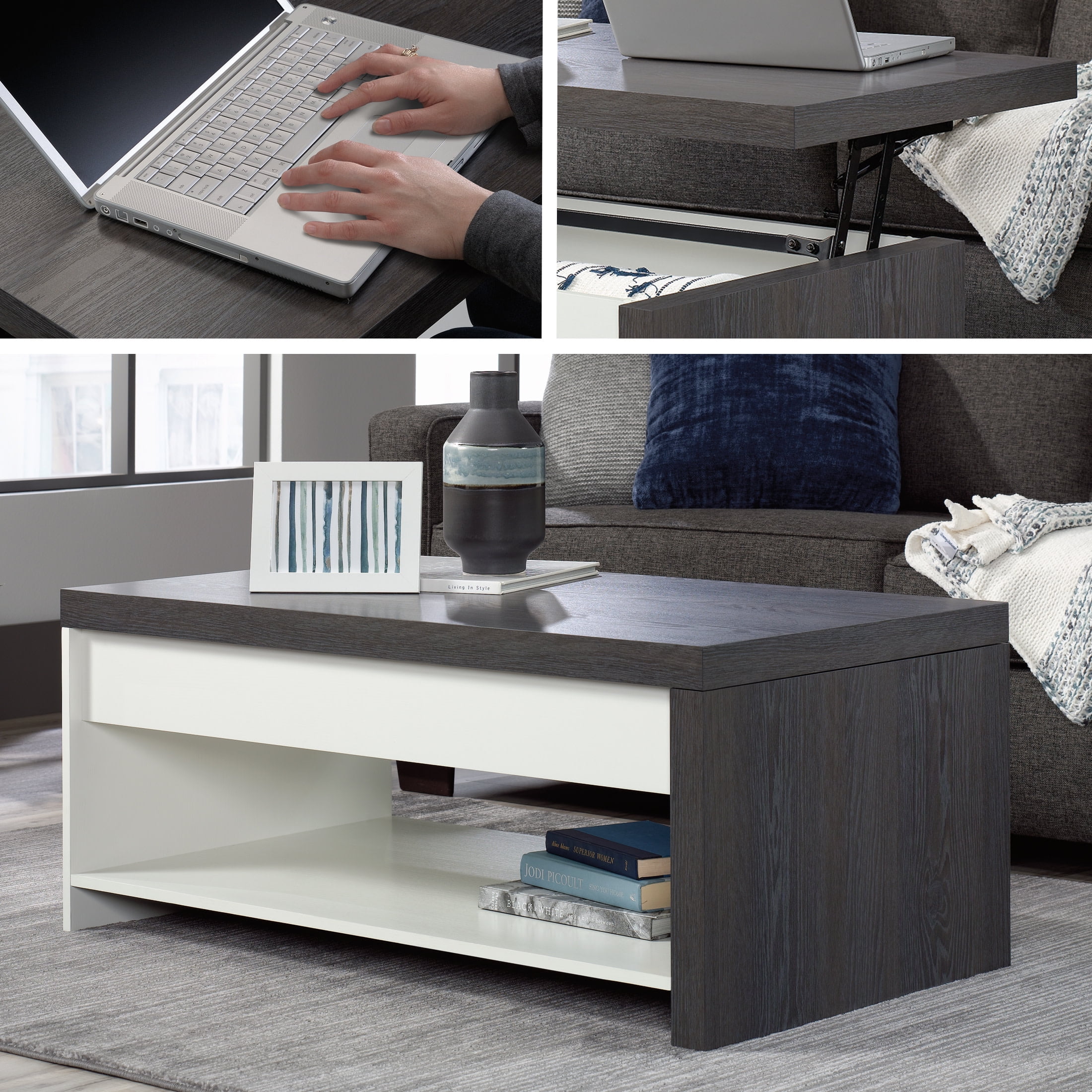 Charcoal Ash & Pearl Oak Rectangular Lift-Top Coffee Table with Storage