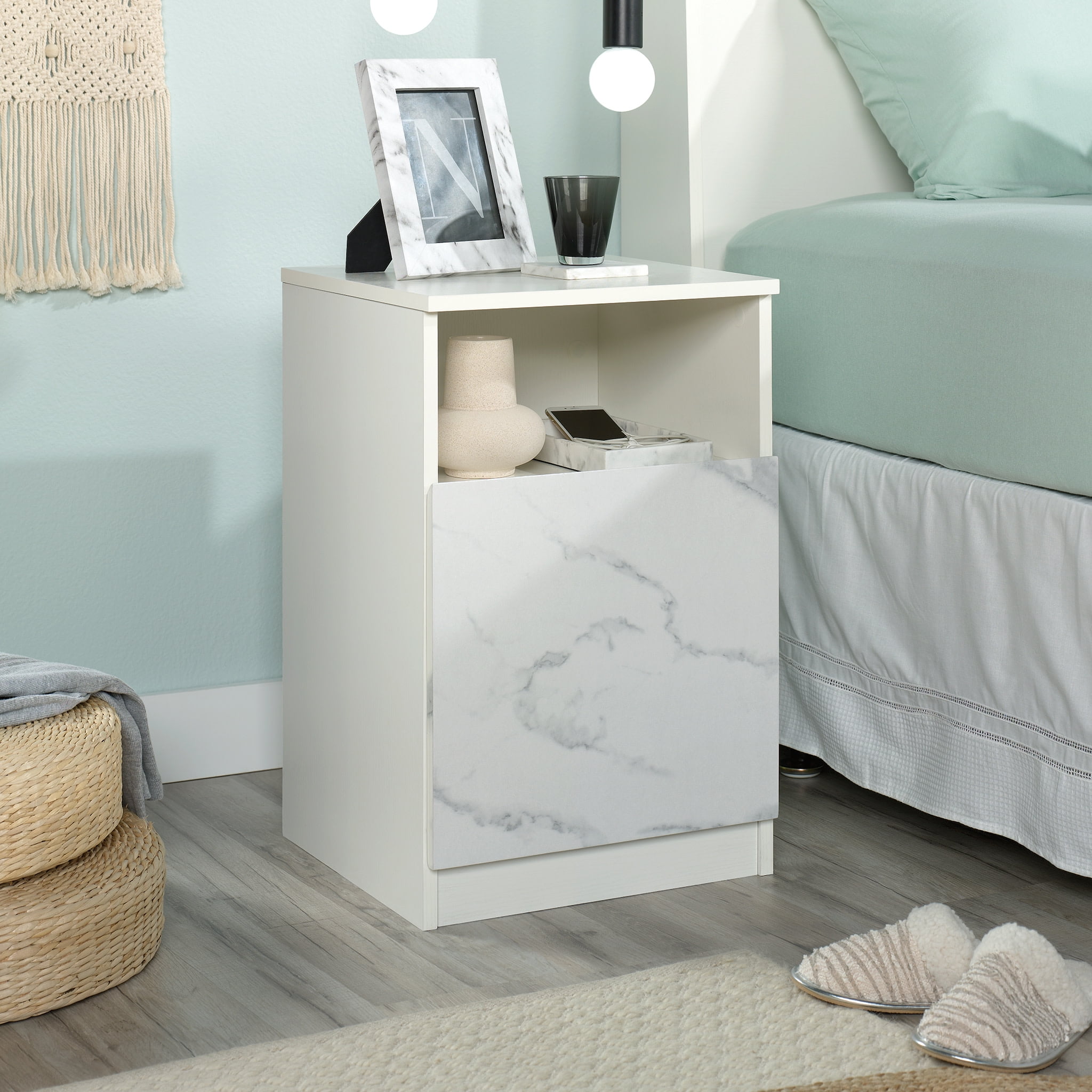 Pearl Oak and Faux White Marble Nightstand with Open Shelf