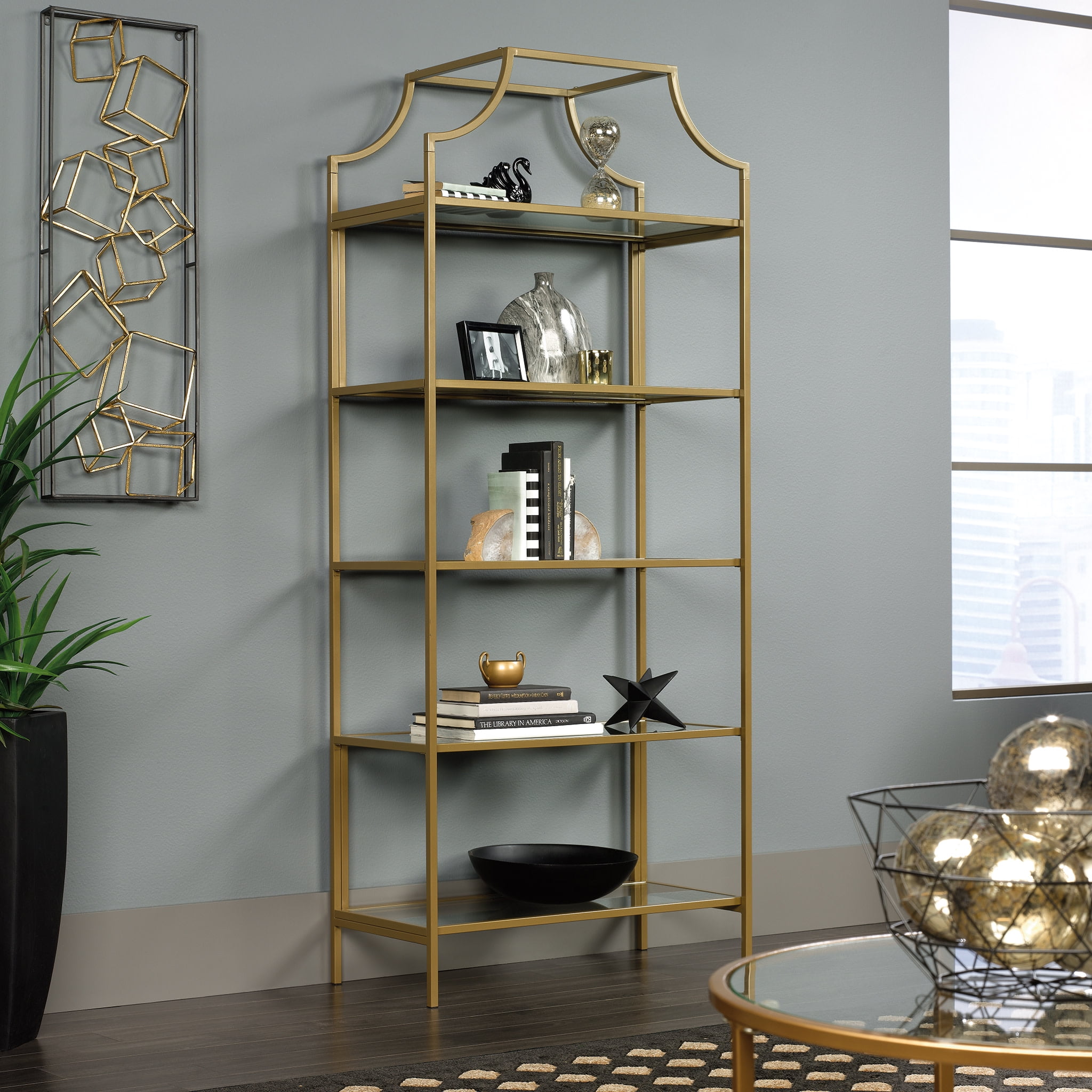 Satin Gold Regency-Inspired Metal and Glass 5-Tier Bookcase