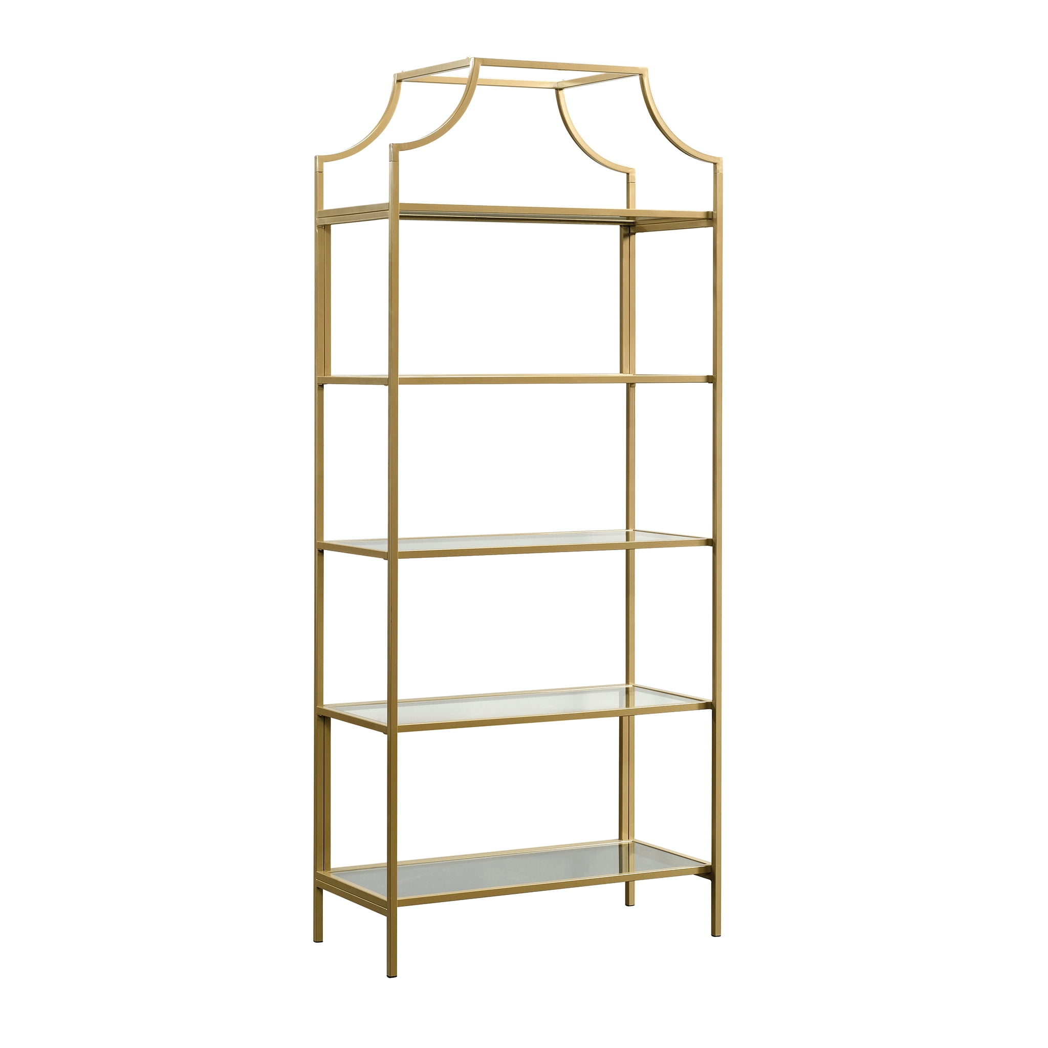 Satin Gold Regency-Inspired Metal and Glass 5-Tier Bookcase