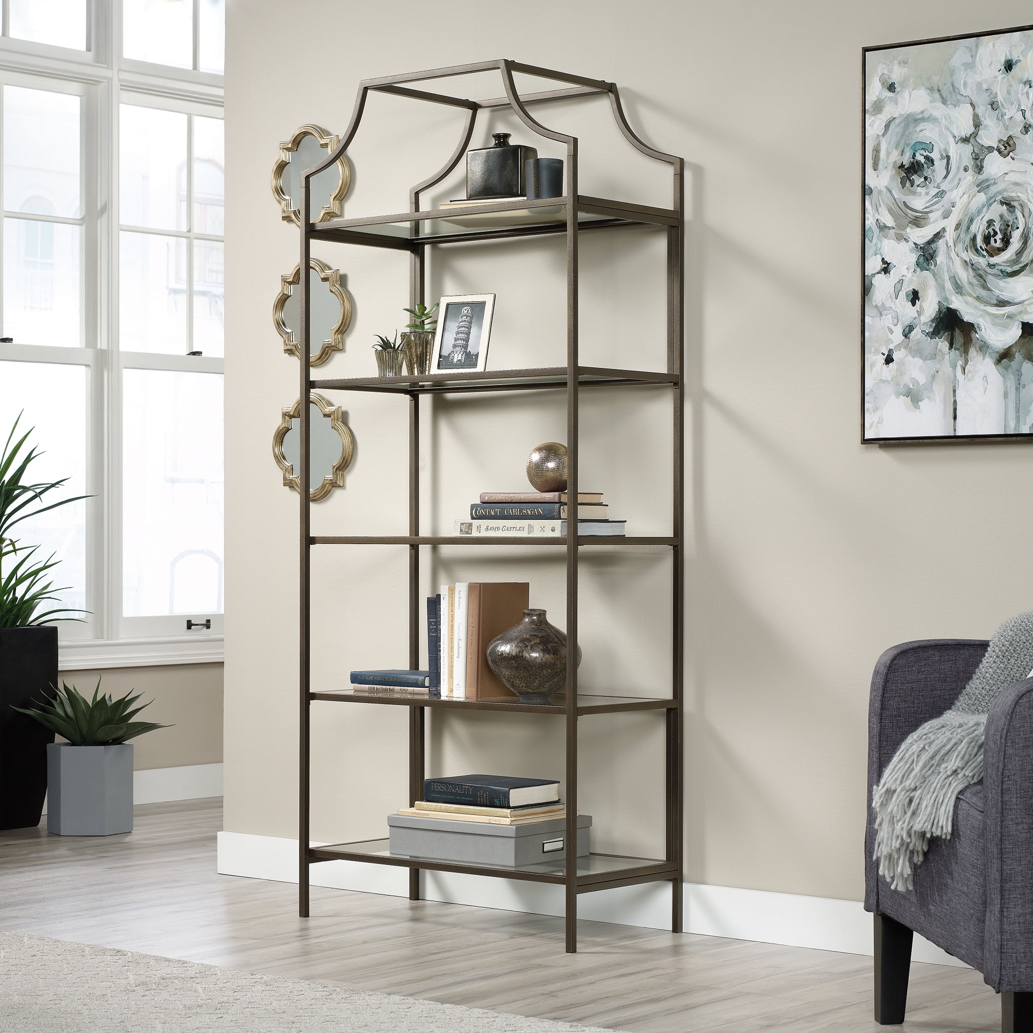 Elegant Bronze Metal & Glass 70" Luxe Display Bookcase