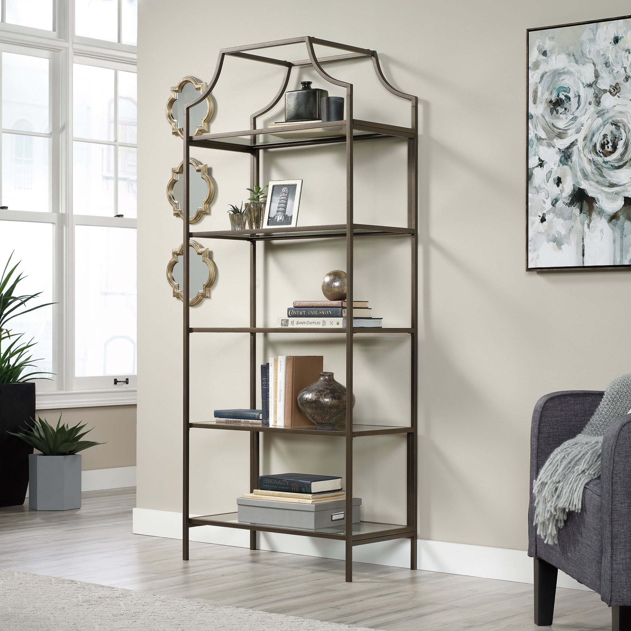 Elegant Bronze Metal & Glass 70" Luxe Display Bookcase