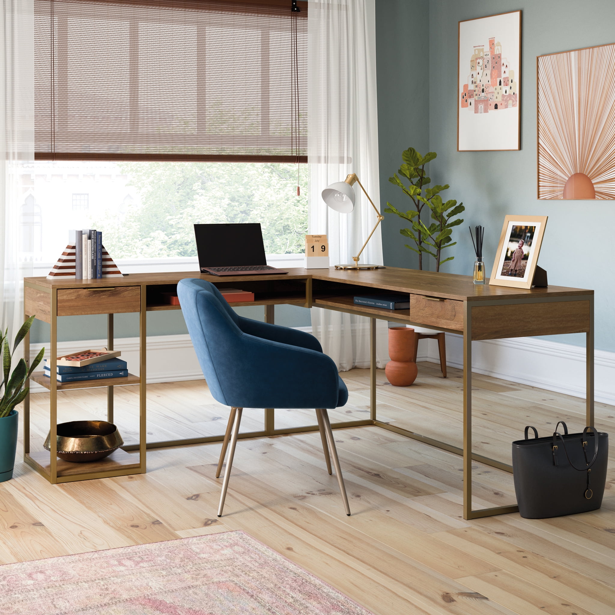 Modern L-Shaped Desk with Gold Frame