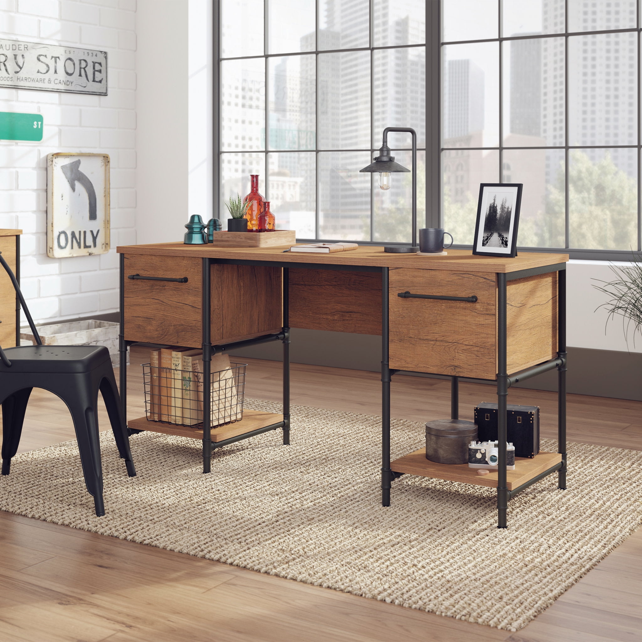 Sauder Iron City Industrial Double Pedestal Office Desk, Checked Oak Finish