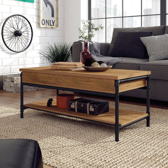 Sauder Iron City Industrial Pipe LiftTop Coffee Table, Checked Oak