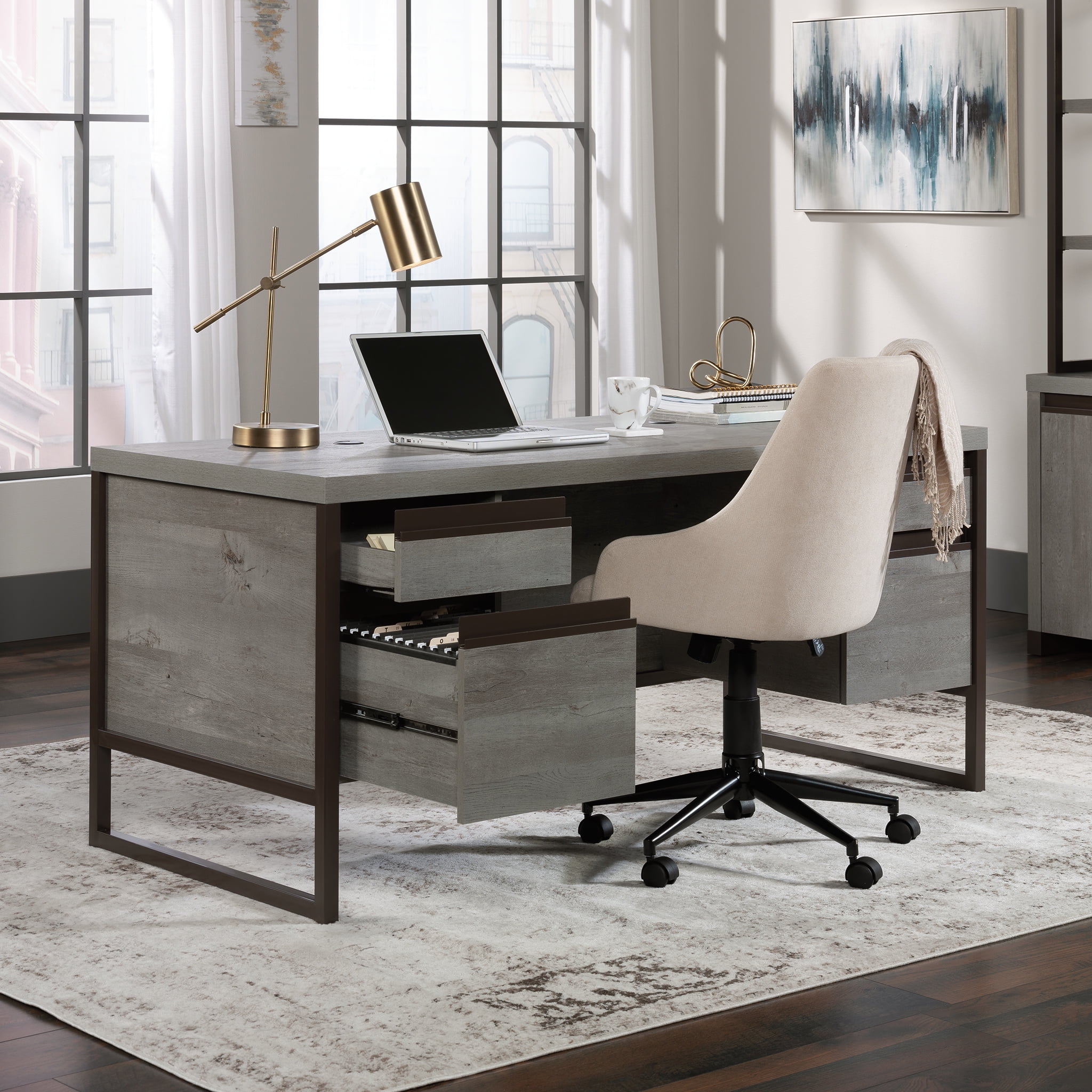 Mystic Oak Gray Executive Desk with Drawers and Keyboard Tray