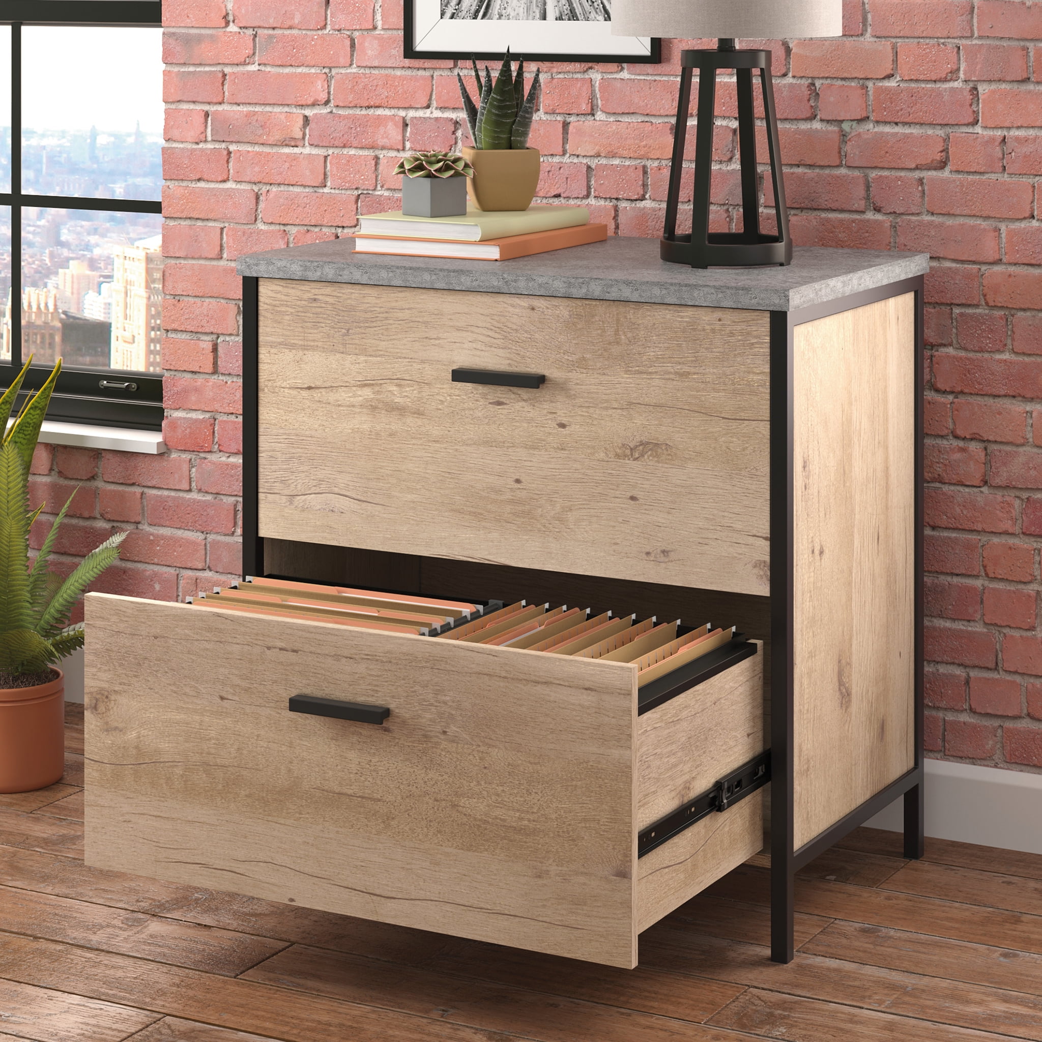 Prime Oak and Slate Gray 2-Drawer Lockable Lateral File Cabinet