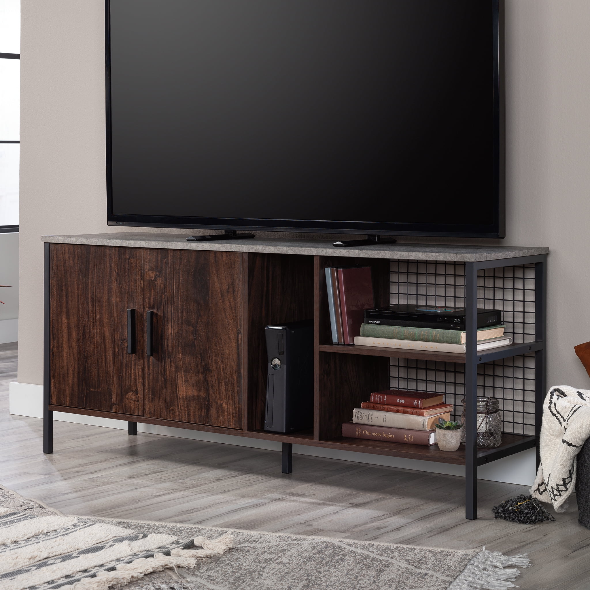 Slate Gray and Walnut TV Credenza with Cabinet
