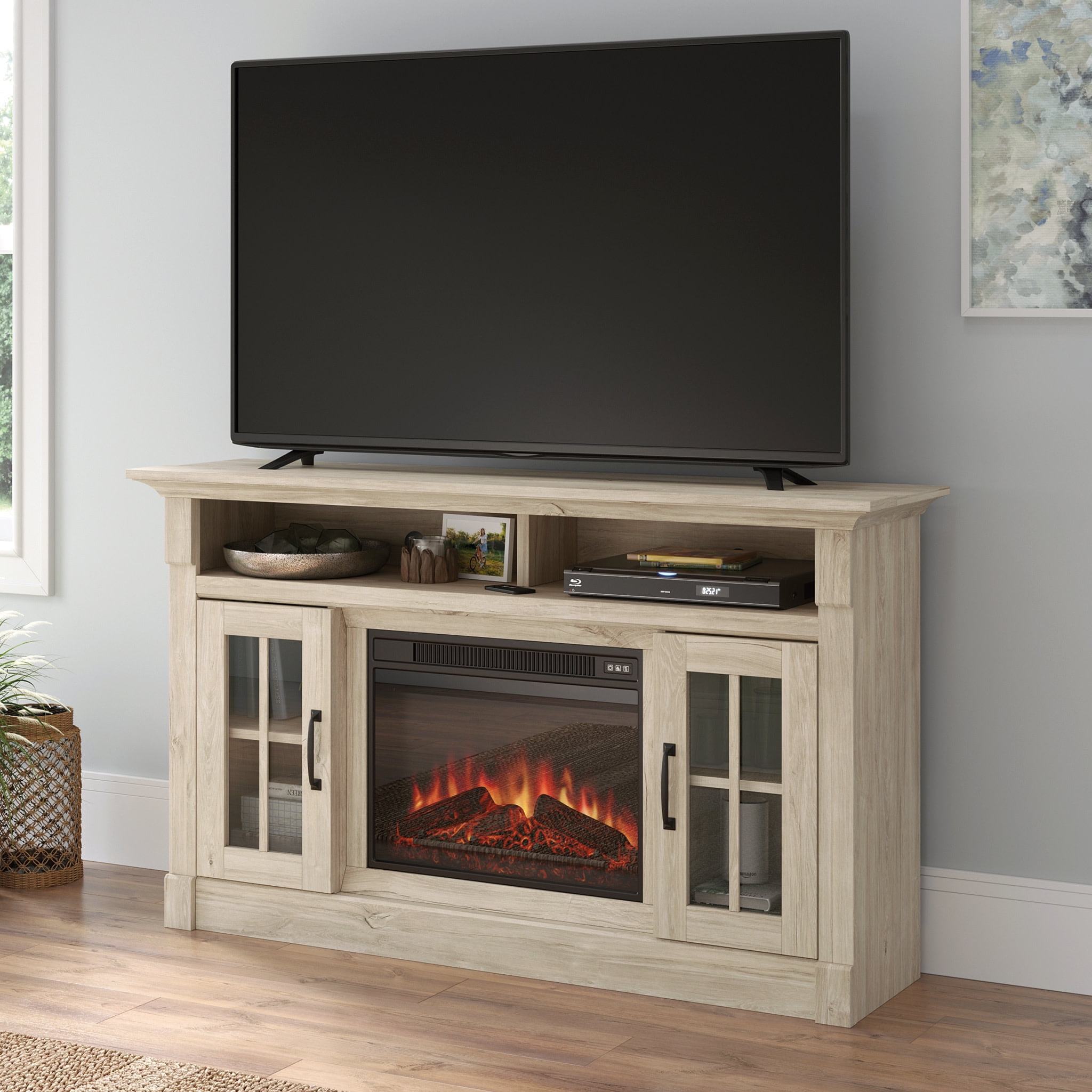 Chalk Oak 60" Fireplace TV Credenza with Glass Doors