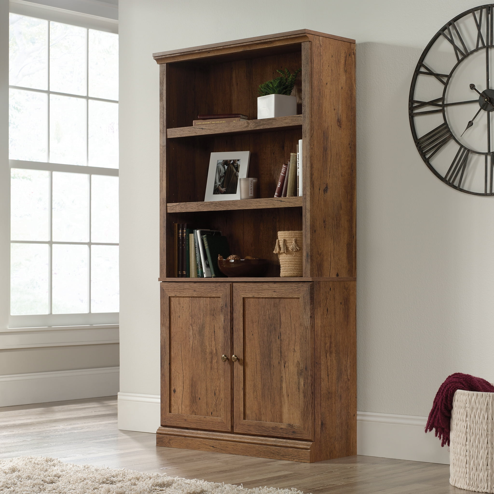 Vintage Oak 5-Shelf Bookcase with Adjustable Doors