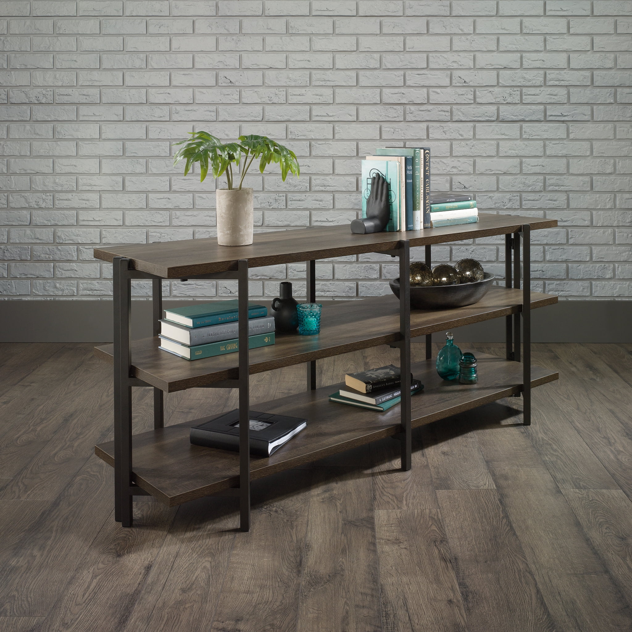 Smoked Oak and Black Metal 55" TV Stand with Open Shelving