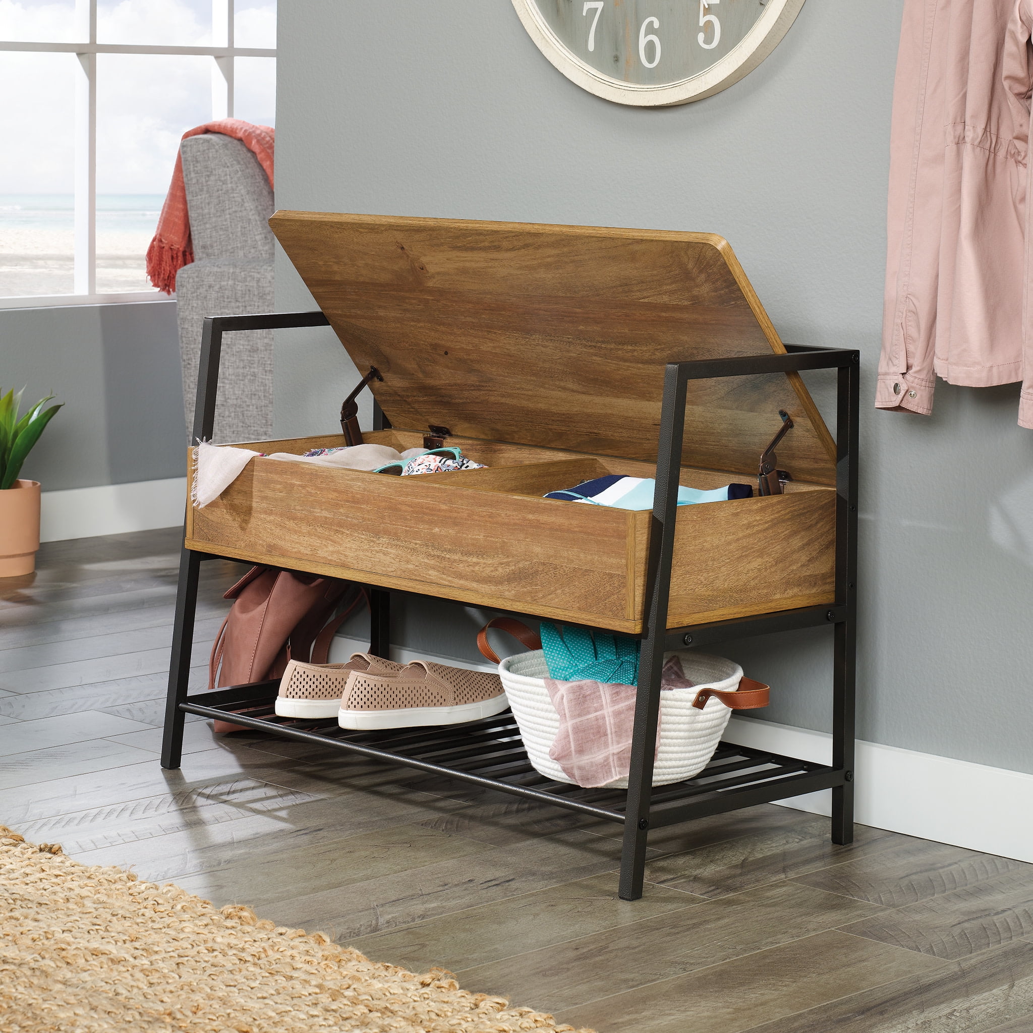 Sindoori Mango and Black Metal Entryway Bench with Hidden Storage