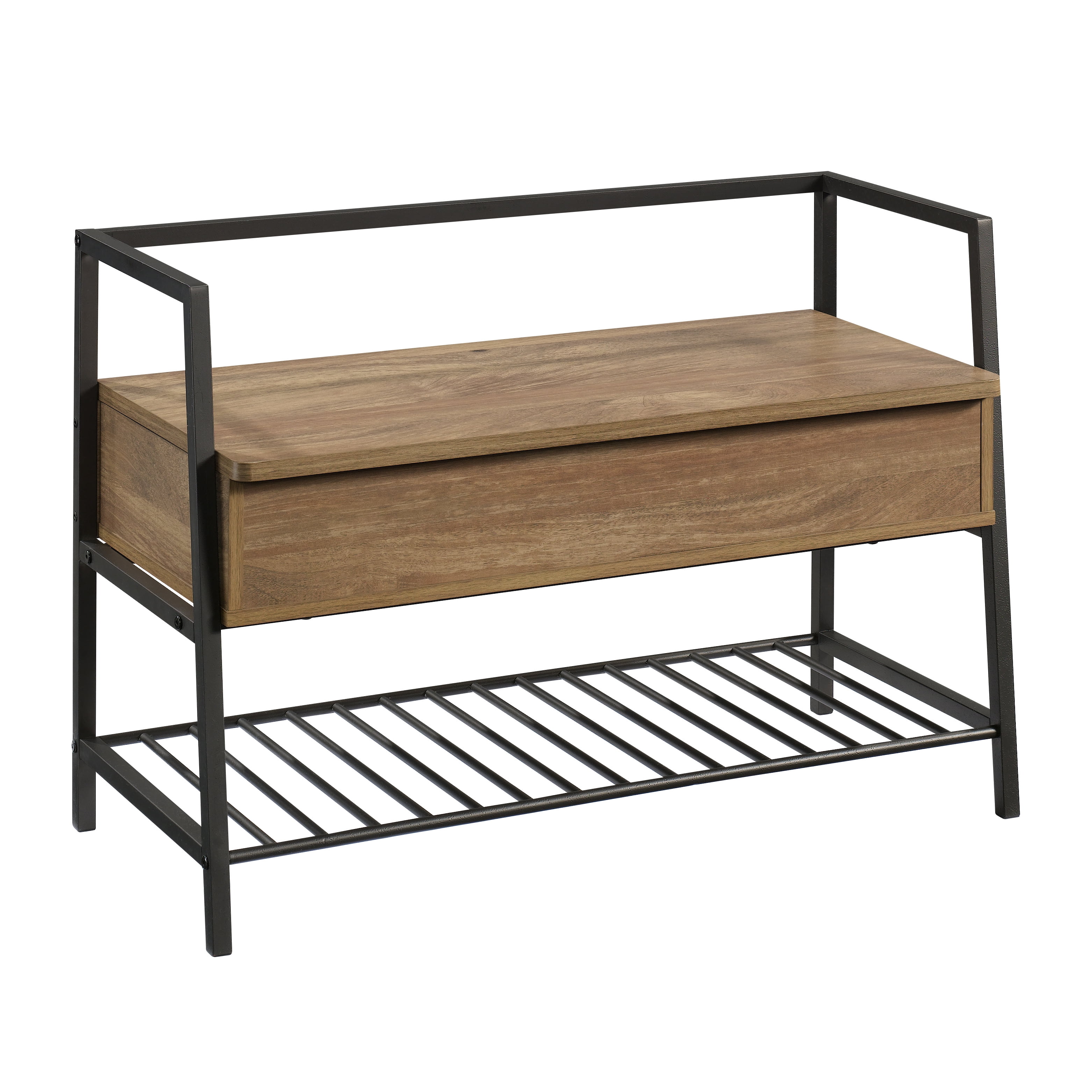 Sindoori Mango and Black Metal Entryway Bench with Hidden Storage