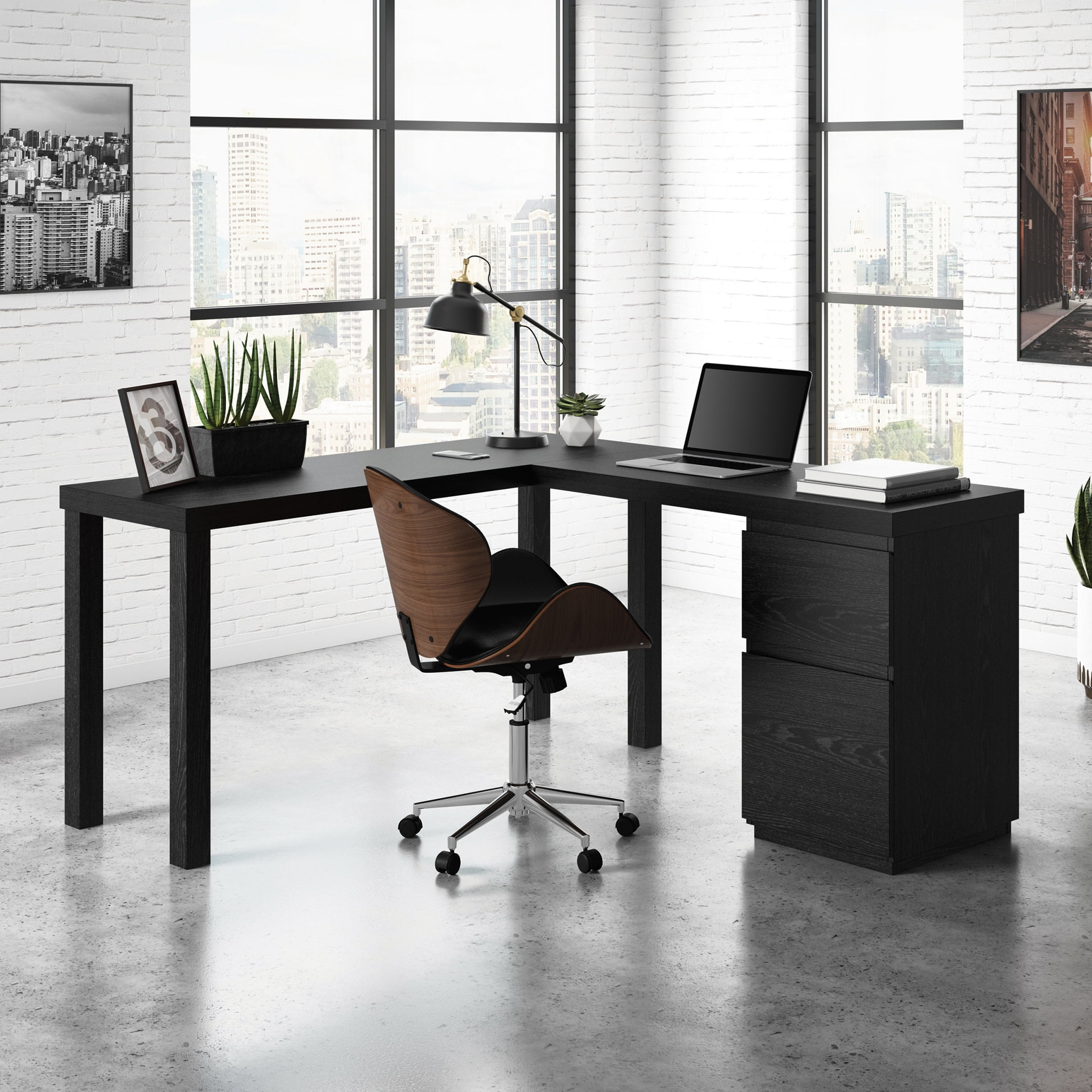 Sauder Northcott L-Shaped Desk with Drawers, Bourbon Oak