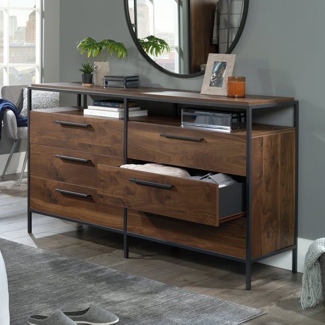 Sauder Nova Loft 6-drawer Bedroom Dresser With Open Shelf, Grand Walnut 