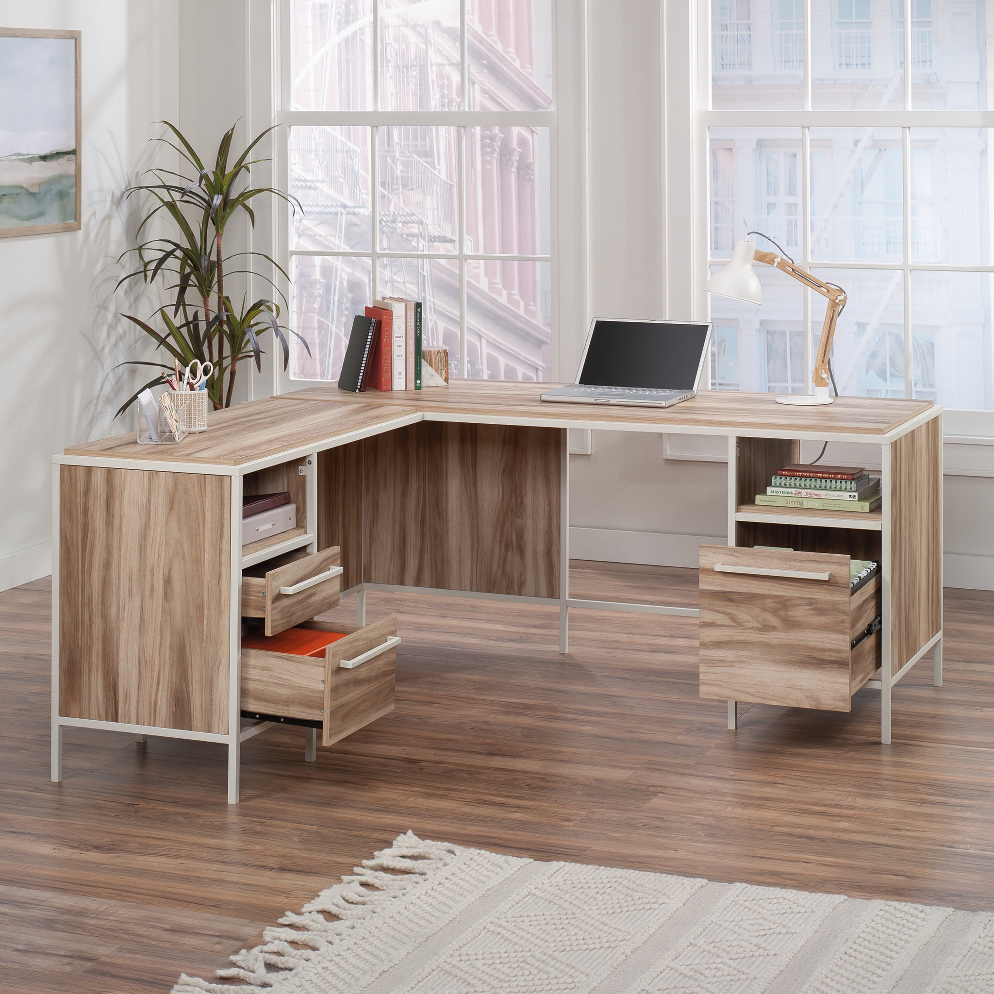 White and Wood L-Shaped Corner Desk with Drawers and Filing Cabinet