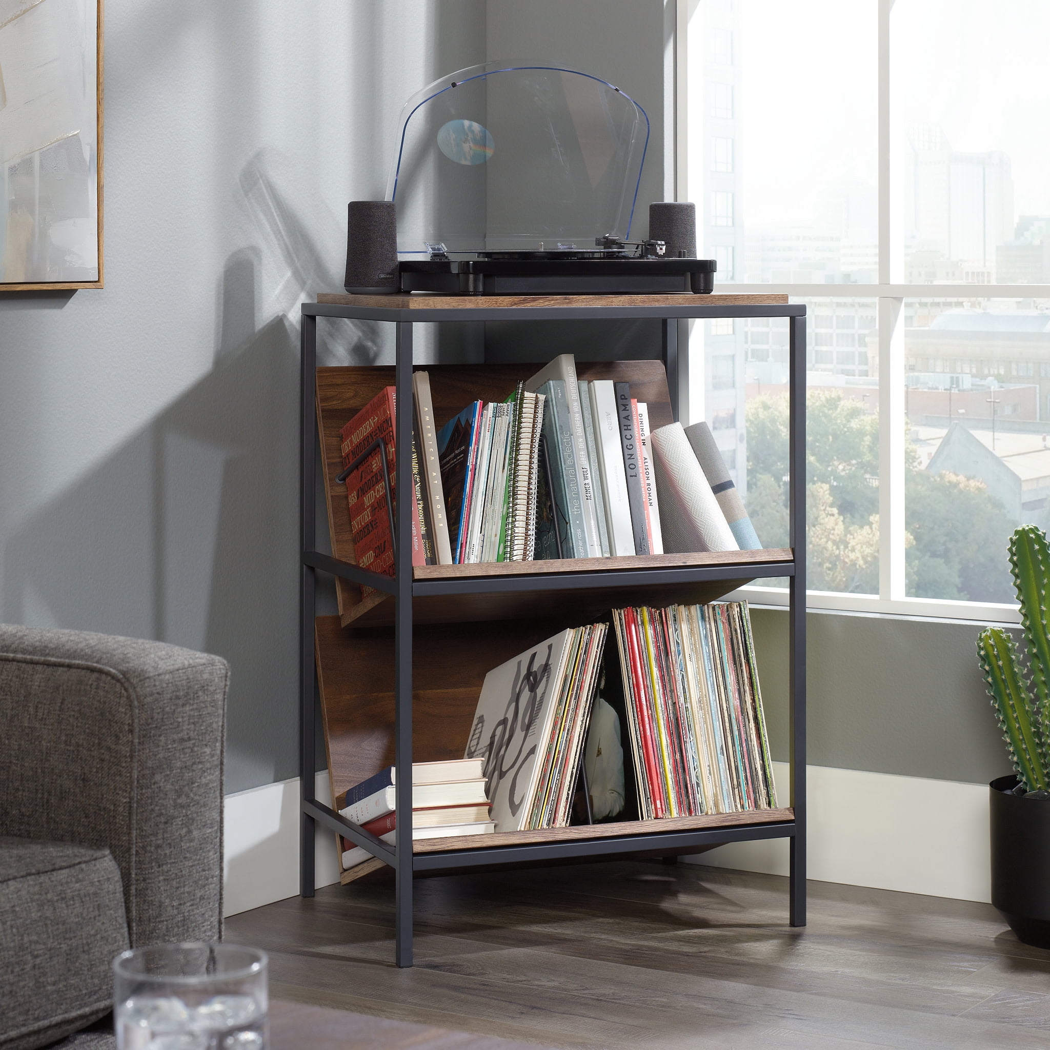 Grand Walnut and Black Metal Accent Storage Cabinet