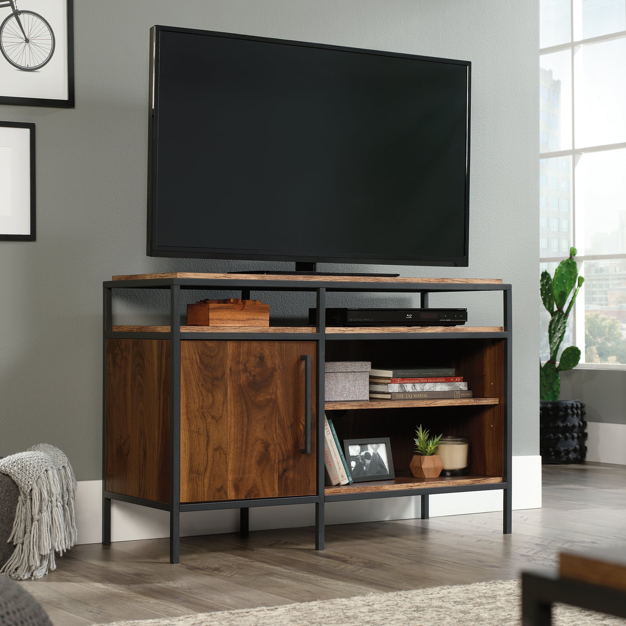 Sauder Nova Loft Metal & Wood TV Stand with Shelves & Storage for