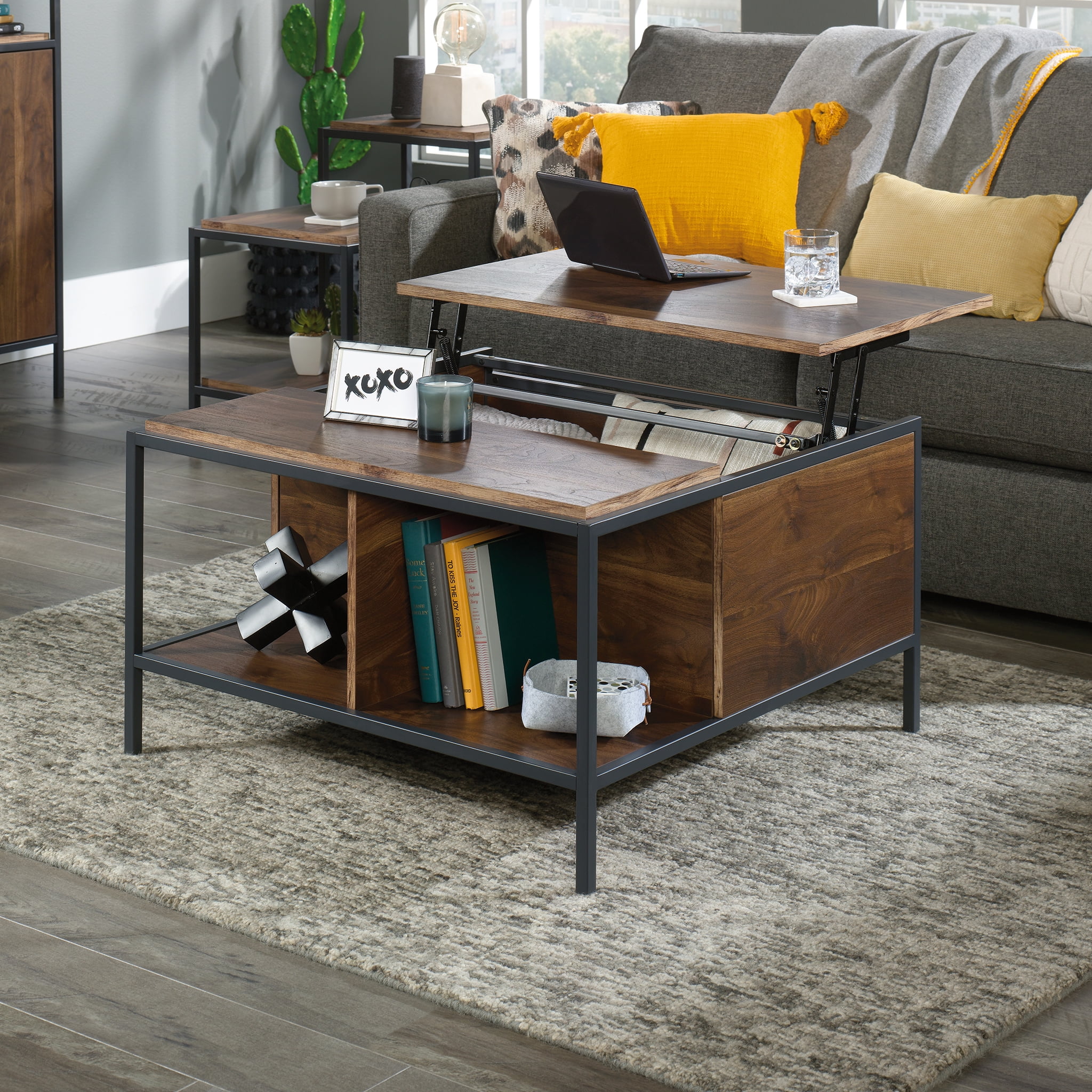 Sauder Nova Loft Modern Metal Coffee Table Grand Walnut Finish