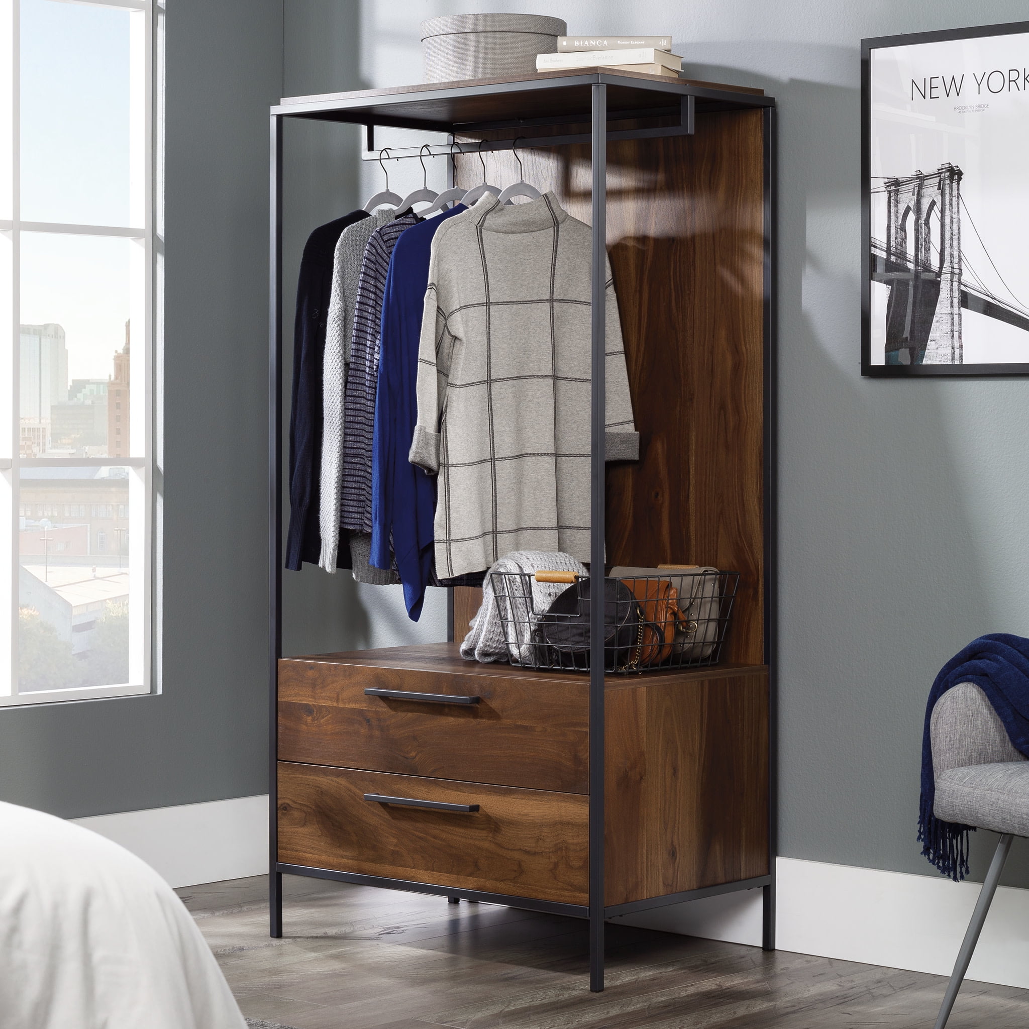 Grand Walnut Industrial Open Wardrobe with Drawers