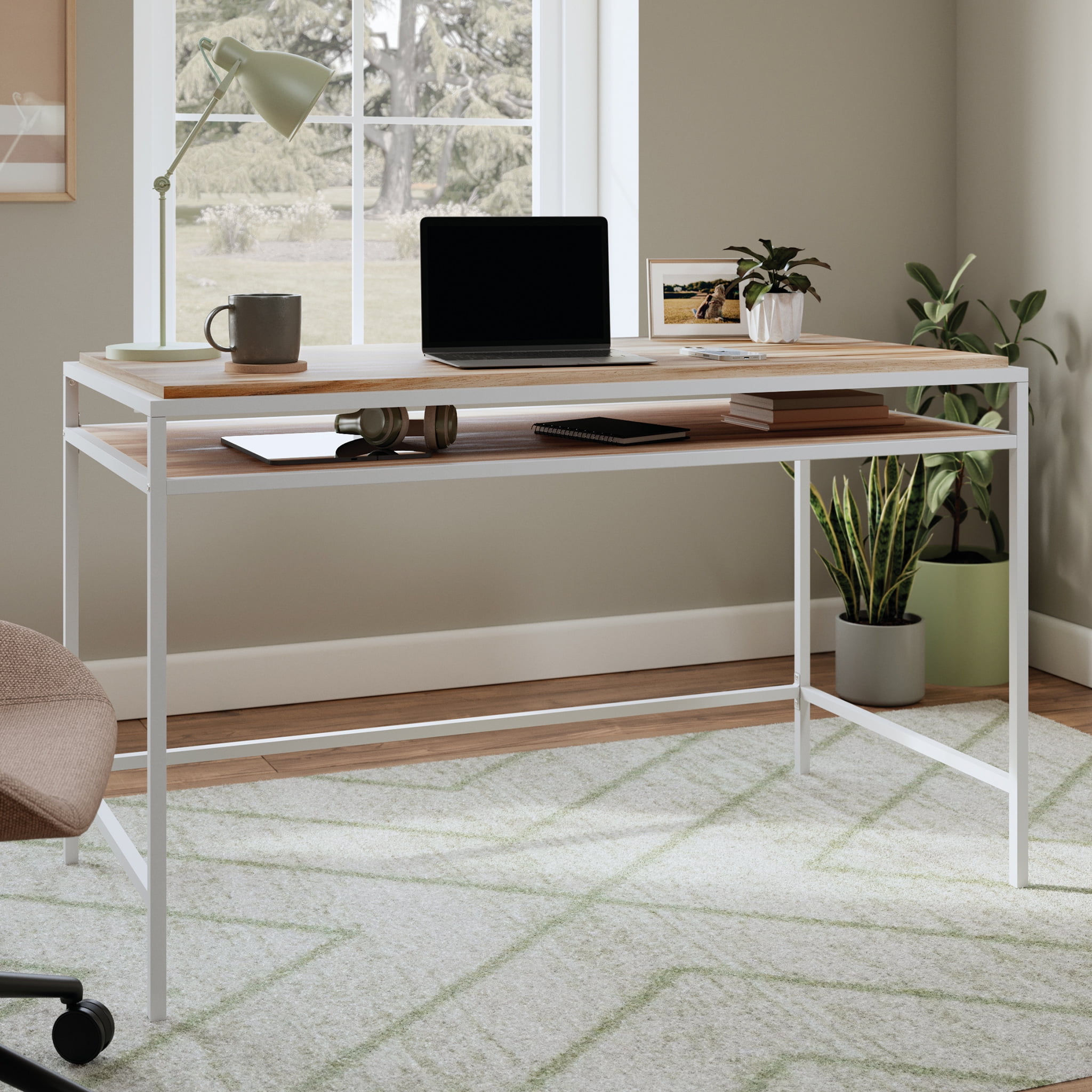 Kiln Acacia and White Metal Writing Desk with Shelf