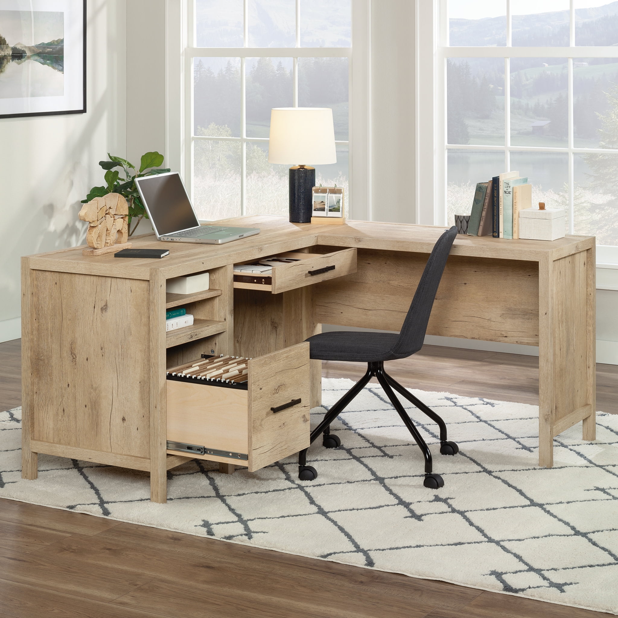 Sauder Pacific View L-Shaped Home Office Desk in Prime Oak
