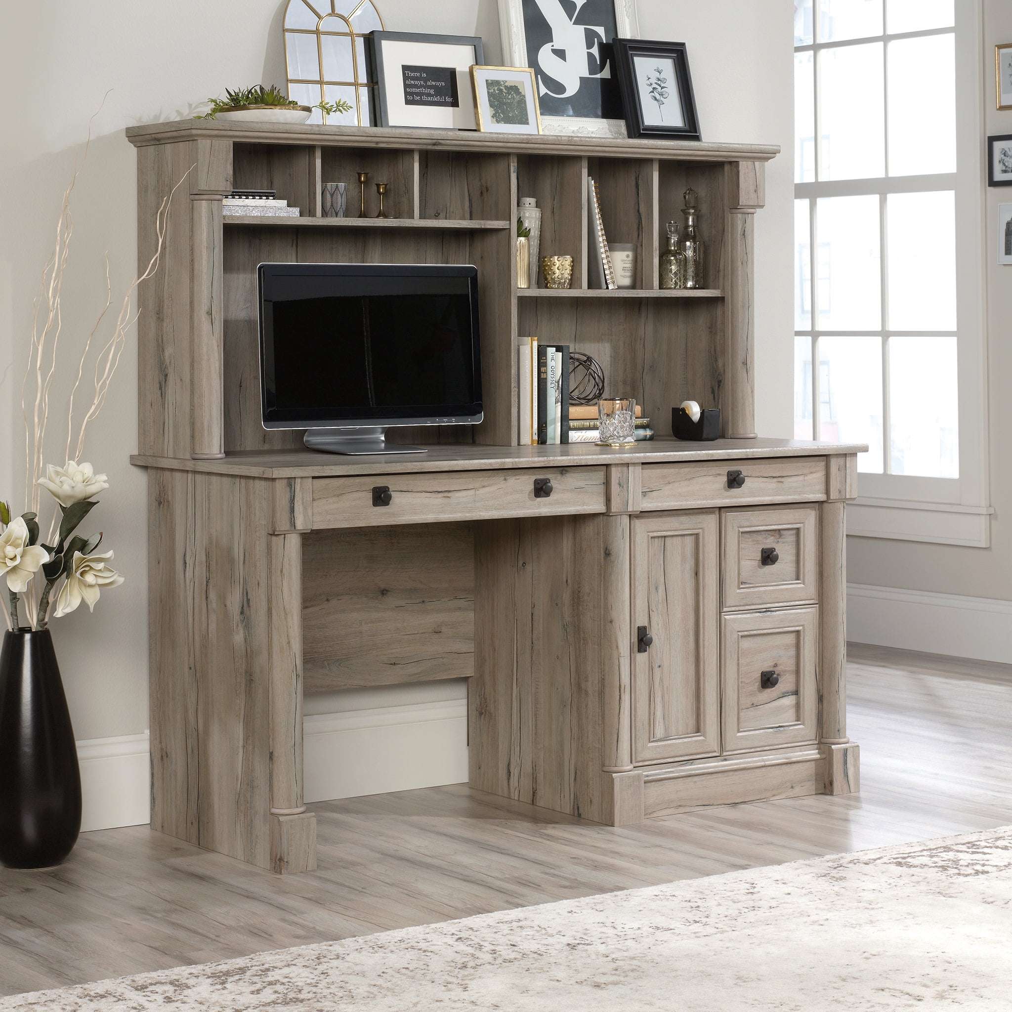 Split Oak Wood Computer Desk with Hutch and Storage