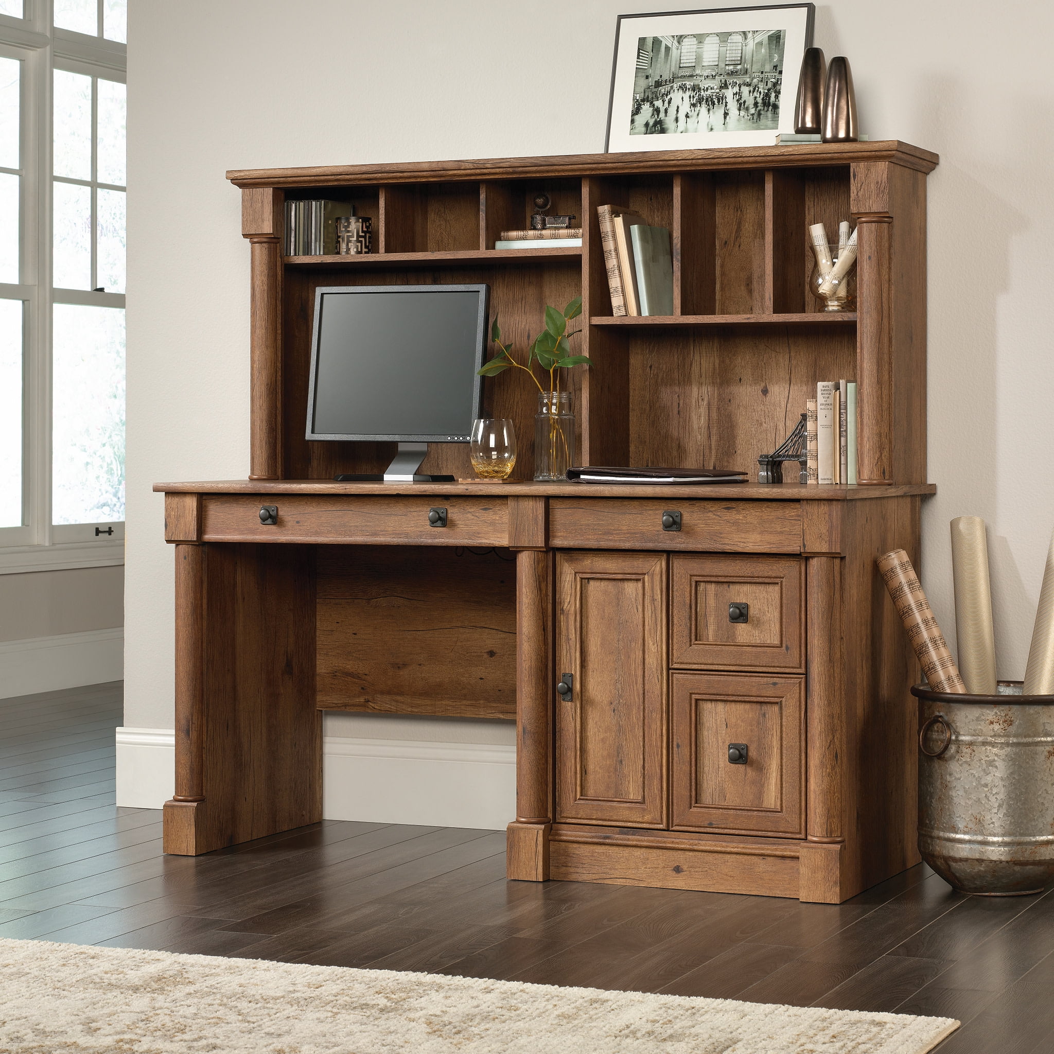 Sauder Palladia Computer Desk with Hutch Vintage Oak