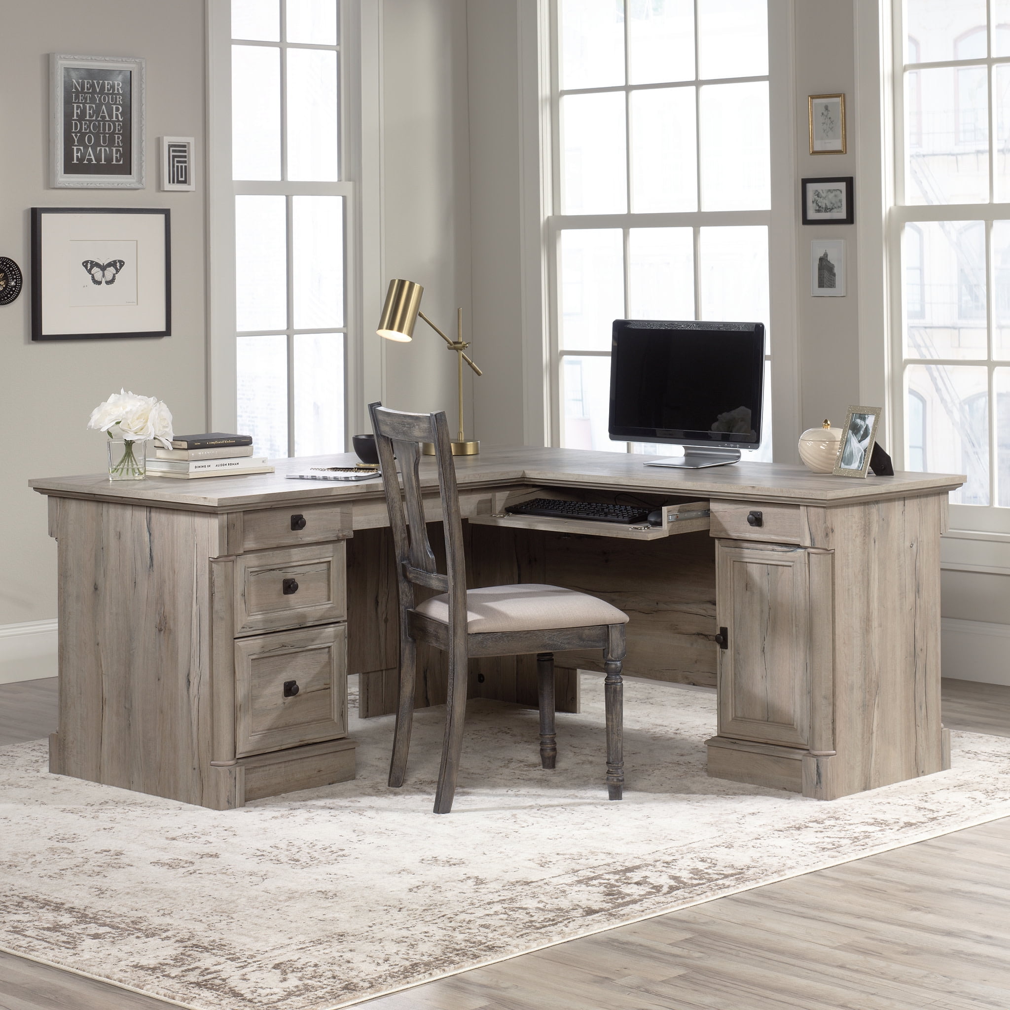 Split Oak L-Shaped Computer Desk with Drawers and Keyboard Tray